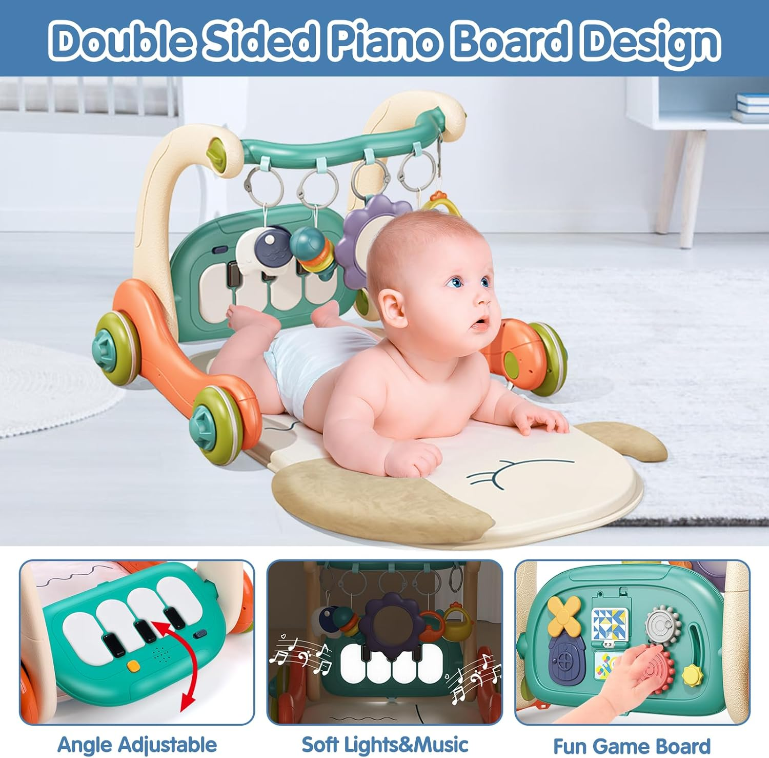 REMOKING Baby Gym Play Mat & Learning Walker, Musical Activity Center with Piano Board & Rattles for Infants 0-12 Months, Toddler Push Walker & Tummy Time Mat image number 3