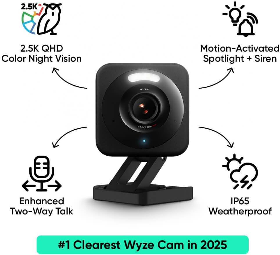 WYZE Cam V4, 2.5K HD Wifi Smart Home Security Camera, Indoor/Outdoor, Pet/Baby Monitor, Motion Activated Spotlight/Siren, Color Night Vision, 2-Way Audio, Works with Alexa & Google, Black, 2 Pack