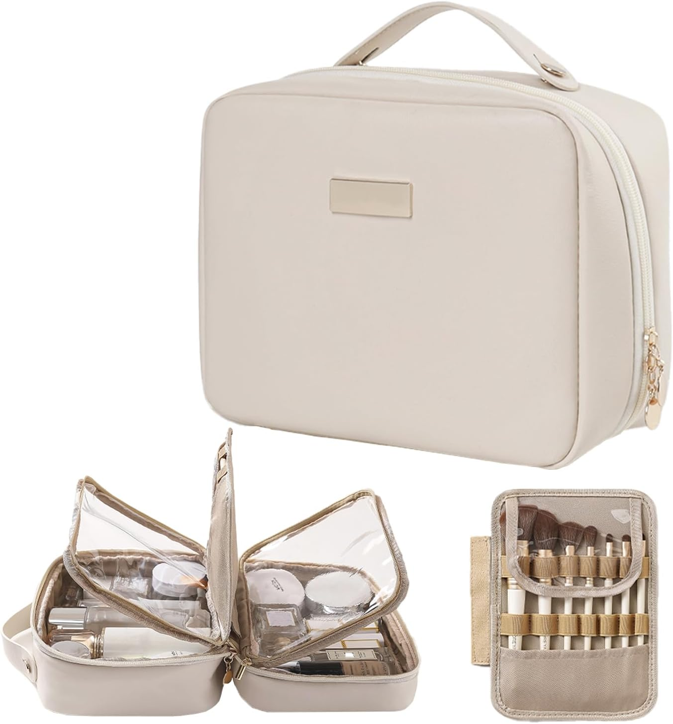 VNIMTI Travel Makeup Bag, 2 Layer Makeup Organizer with Brush Holder, Large Cosmetic Bag Toiletry Bag, Big Portable Makeup Pouch for Women, PU Leather, Waterproof (White)