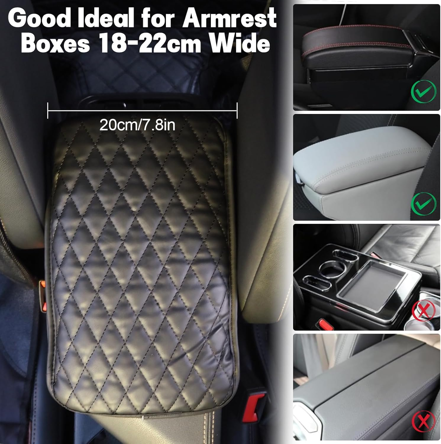 Car Armrest Cover, Universal Fit, Leather Armrest Support Elbow Rest Pillow, Center Console Soft Arm Rest Cushion Pad with Side Organizer, Car Accessories (Black #A) image number 2