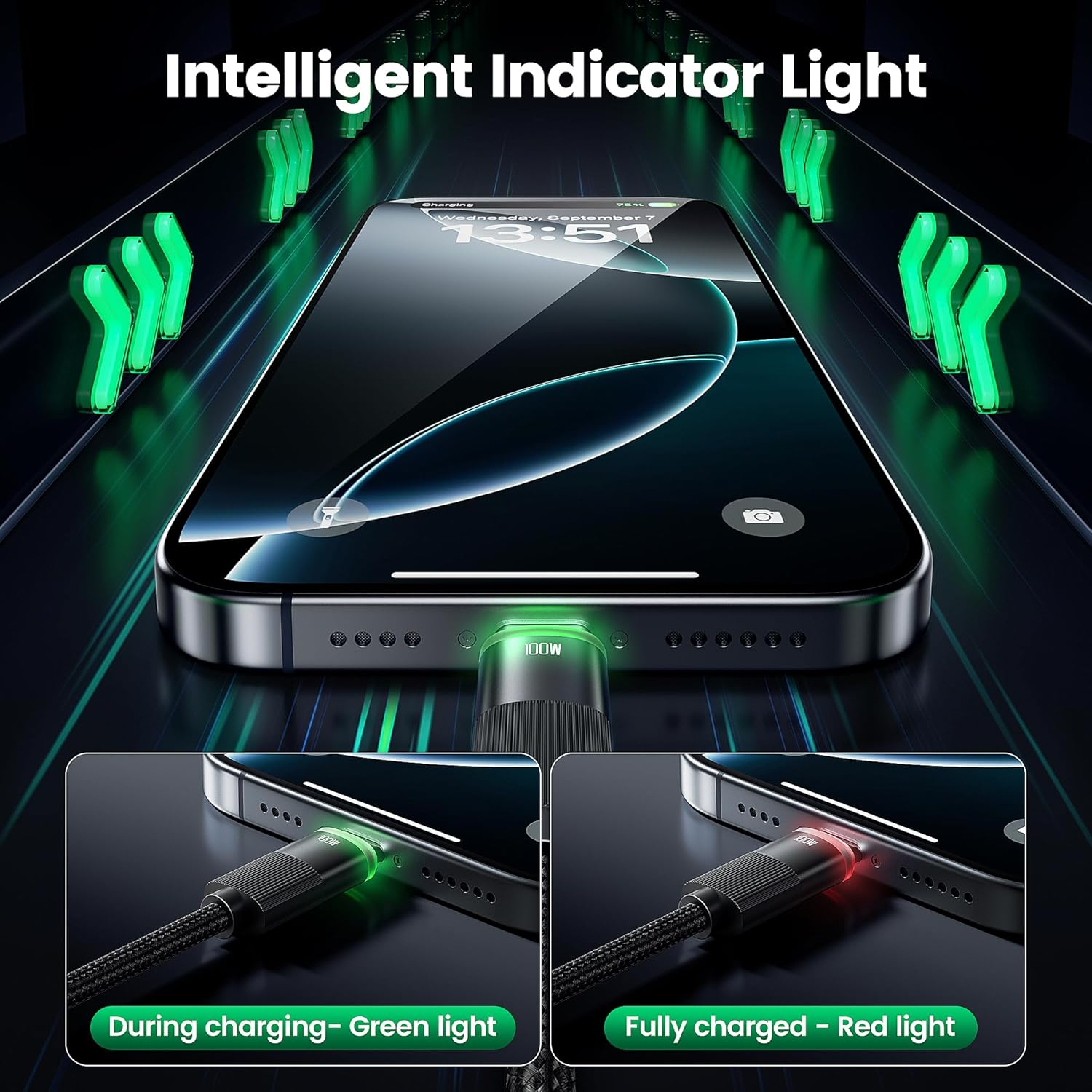 Toocki 100W USB C Coiled Cable, 2Pack 1.2M Type C Coiled Cable with Data Sync LED Indicator for Carplay, Compatible with Iphone 17 16 15 Pro plus Max Air, Ipad, Macbook Pro,Galaxy S25/S24 image number 4