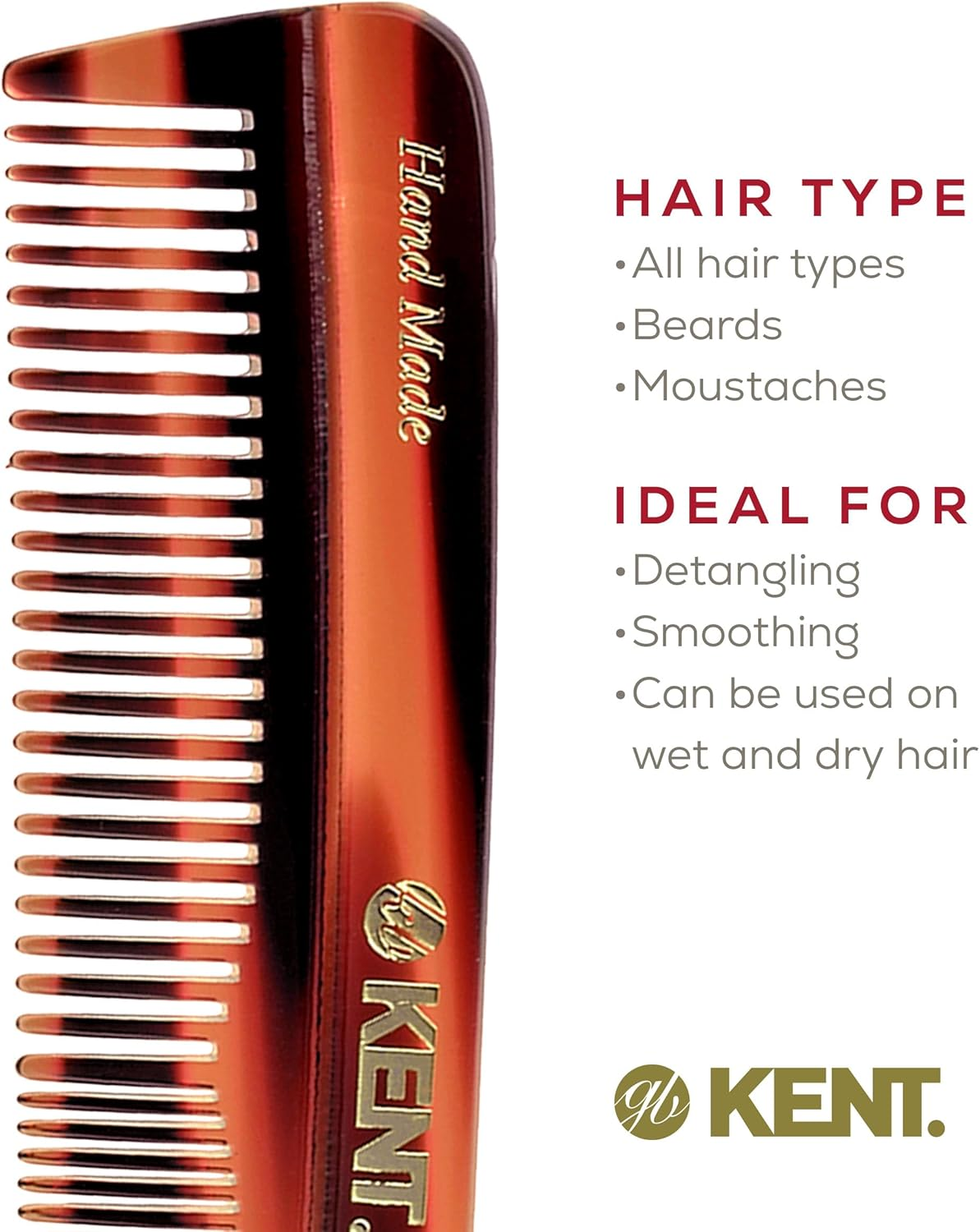 Kent R7T the Apsley Fine Tooth / Wide Tooth Comb for Beard Care and Mustache Comb - Pocket Comb Hair and Beard Comb - Kent Comb for Travel Kit - Hair Combs for Men and Hair Combs for Women Beard Kit image number 4