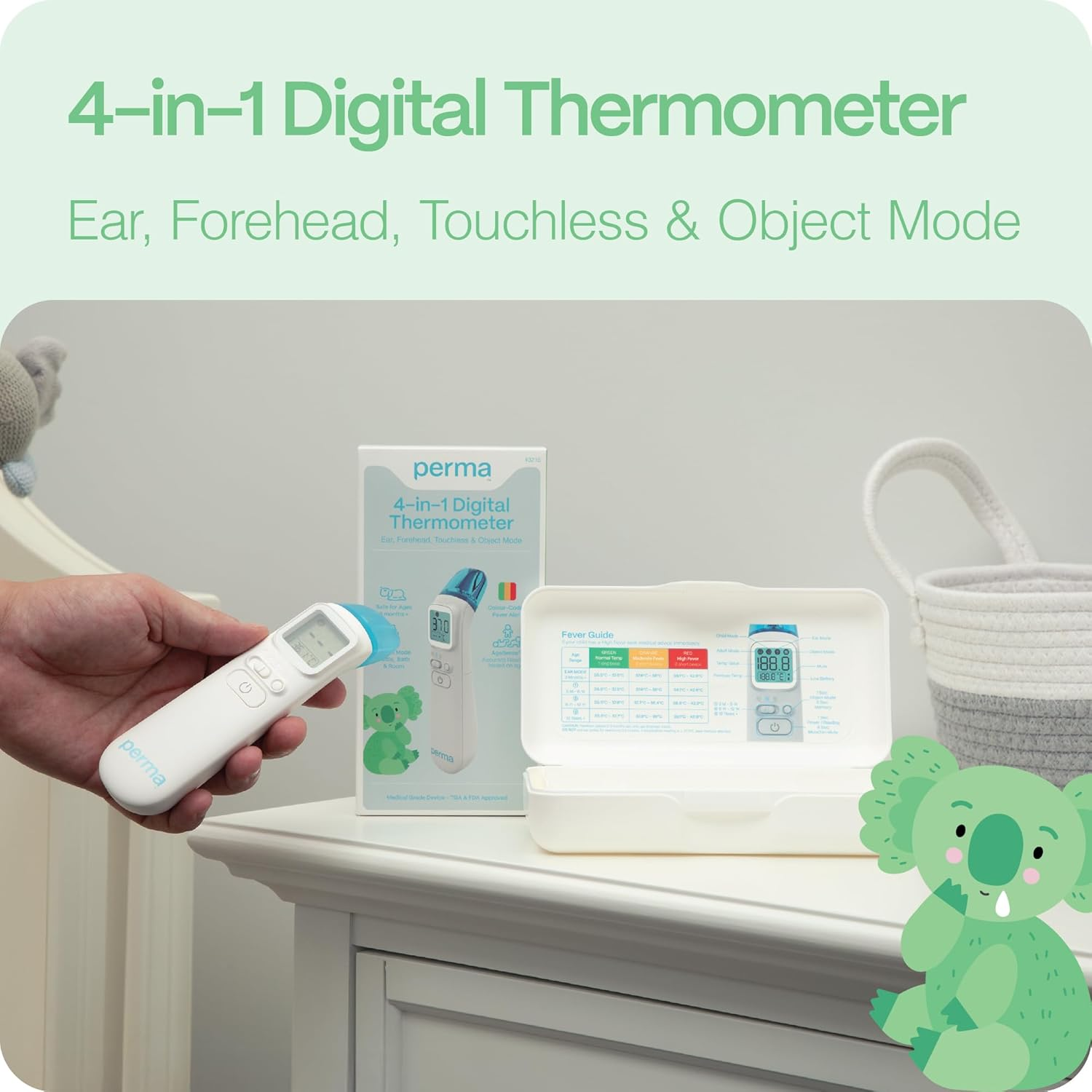 Perma 4-In-1 Digital Thermometer, One-Second Readings, Forehead/Ear/Room/Object Modes, Agesense Accuracy for Infants to Adults, Fever Indicator Backlit Display, Memory Recall, Hard Case Included image number 6
