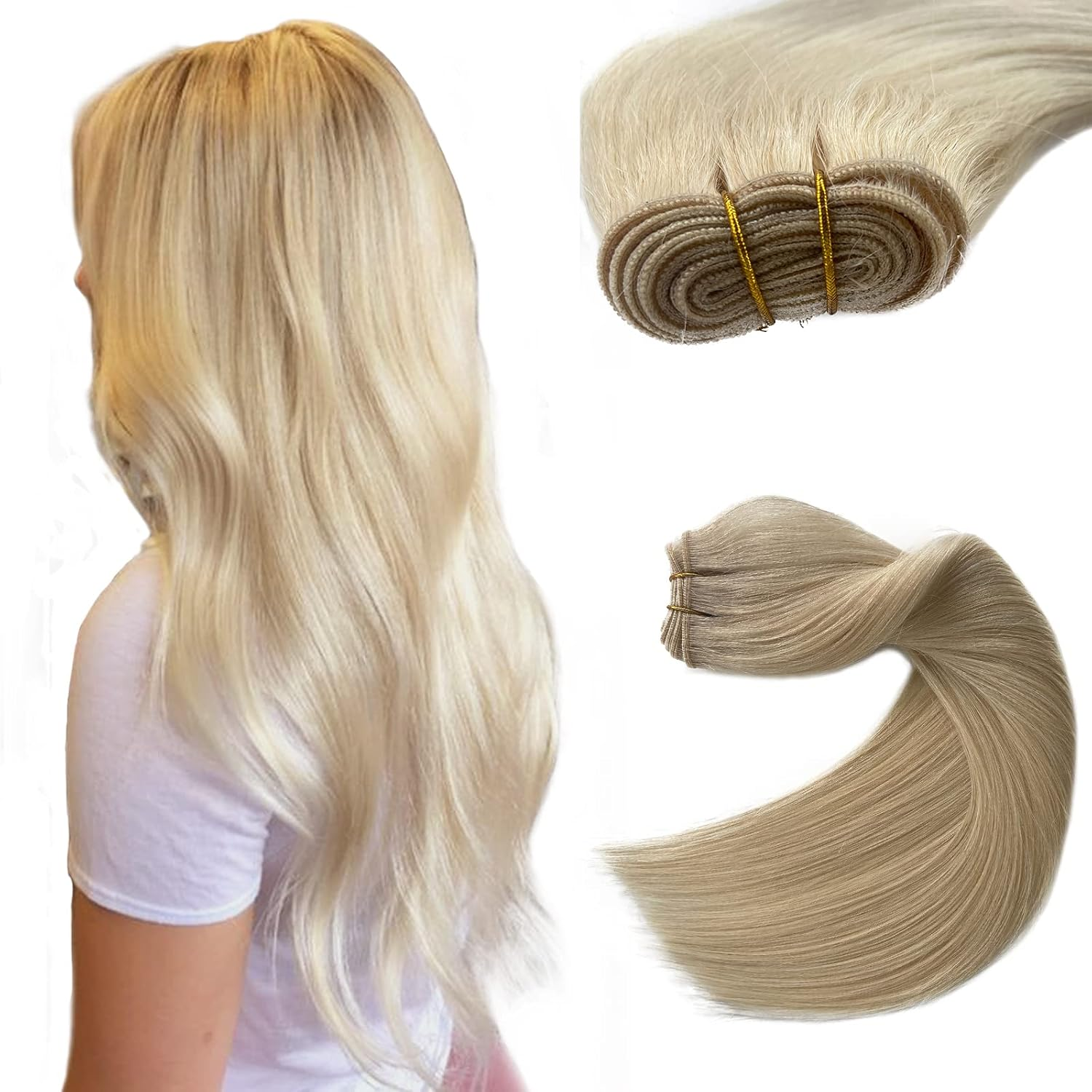 Ubetta Weft Hair Extensions Human Hair, Blonde Sew in Hair Extensions Real Human Hair, 16 Inch 100G Hand Tied Weft Hair Extensions Human Hair Weave Bundles for Women image number 2