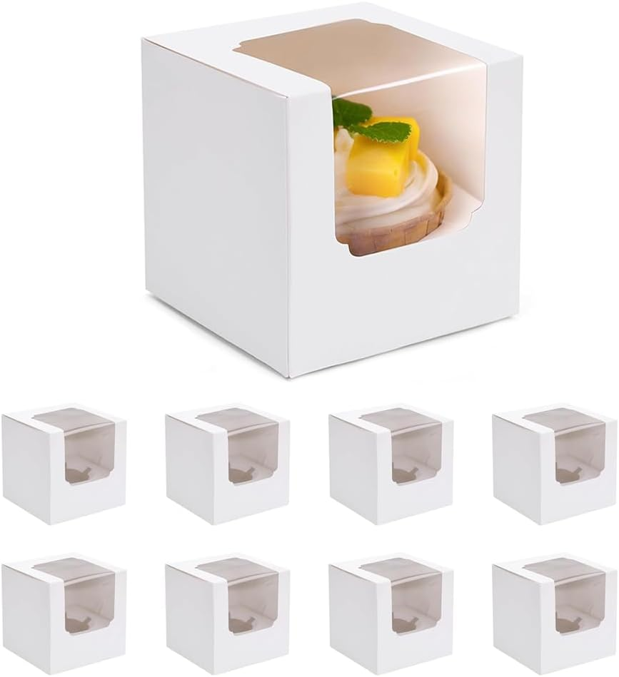 50 Pcs White Cupcake Boxes, Translucent Paper Cupcake Boxes, Cupcake Boxes with Window, Small Dessert Box with Inner Tray, Individual Cupcake Containers, for Wedding, Birthday Party Etc image number 5
