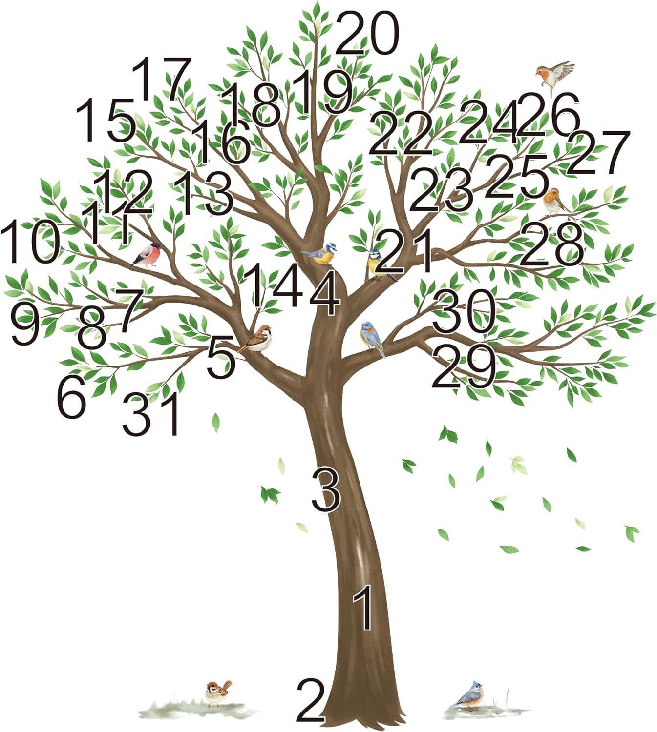 Wondever Large Tree Wall Stickers Green Leaves Birds Peel and Stick Wall Decals for Living Room Bedroom TV Wall (H: 63Inches) image number 2