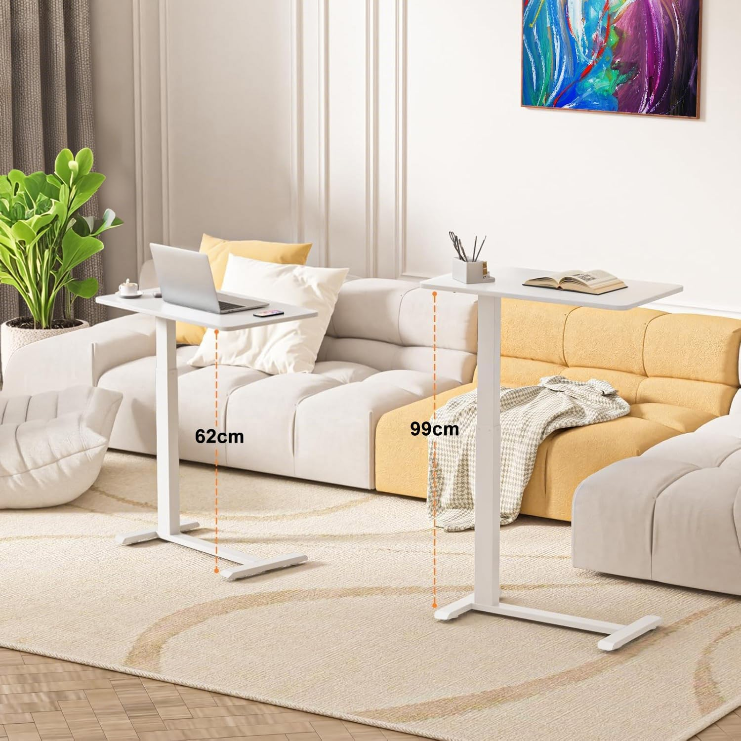 NOAEOU Adjustable Height Side Tables, Hospital Table over Bed for Home Use Swivel, Overbed Bedside Table with Wheels, Pneumatic Moveable Bed Desk, Moveable Rolling Computer Table (White)