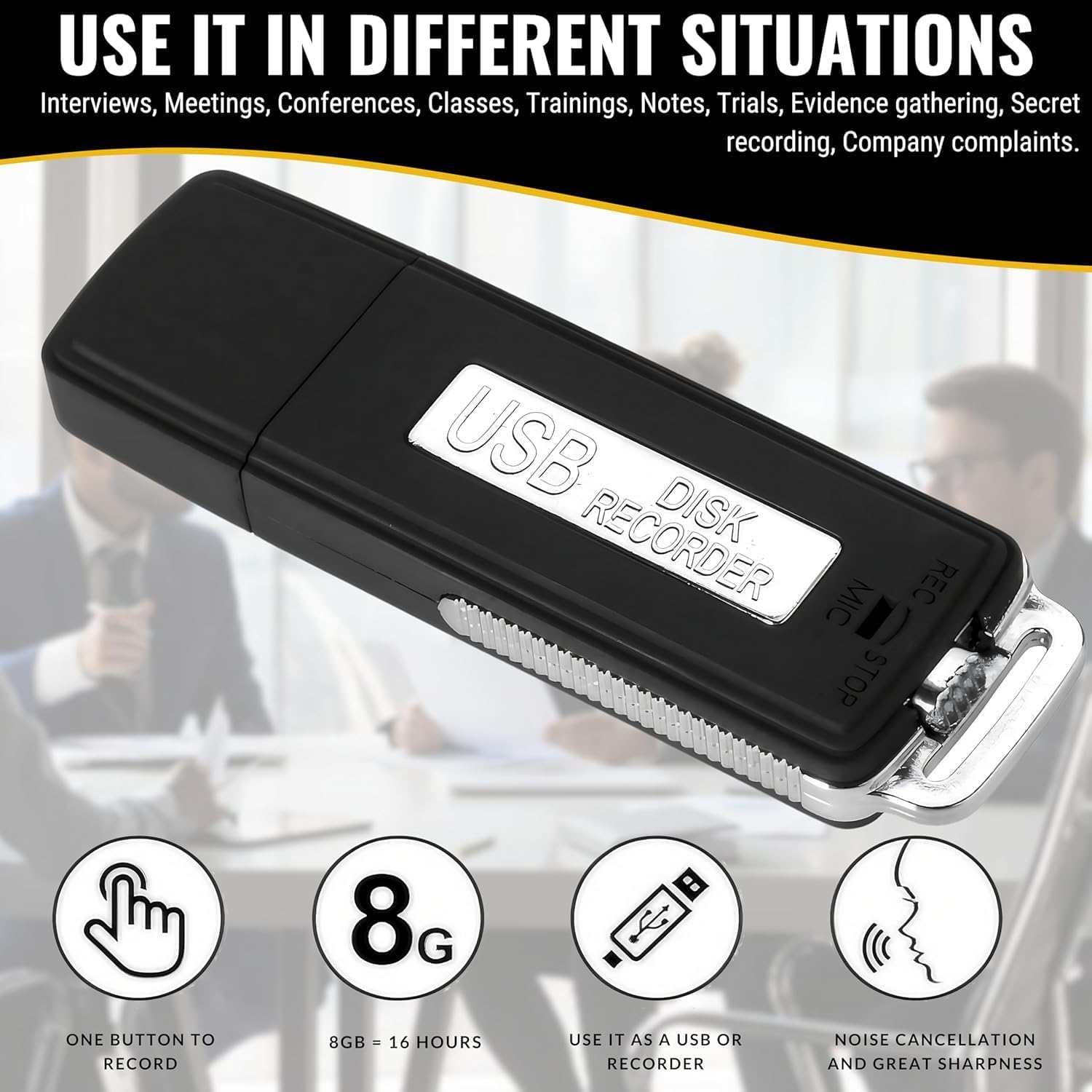 USB Digital Voice Recorder | Portable Mini Voice Recorder 8 GB | Audio Recorder Ideal for Meetings, Interviews, Conferences. | Spy Recorder with Memory for Several Hours of Recording image number 3