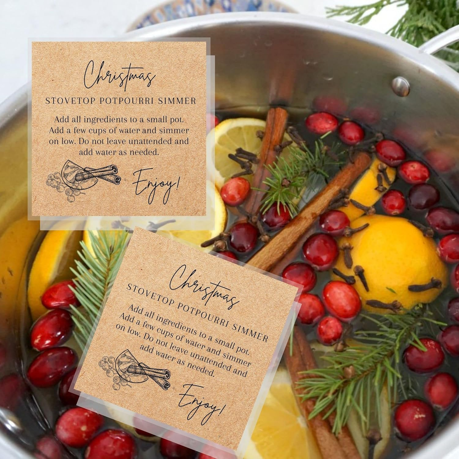 Christmas Stovetop Potpourri Simmer Instruction Cards | 30 Pack | 2.5 X 2.5" Inches Square Card | Potpourri | Kraft Christmas Design image number 5