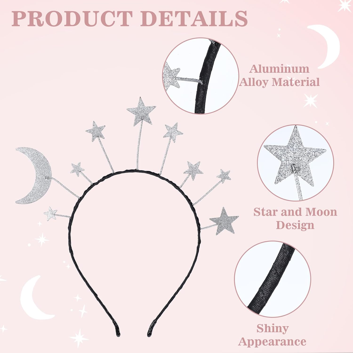 Headband Stars, Glitter Stars Moon Headbands, Silver Glitter Star and Moon Hair Accessories, Metal Glitter Princess Star Headband for Christmas, Carnival, Birthday Party image number 6
