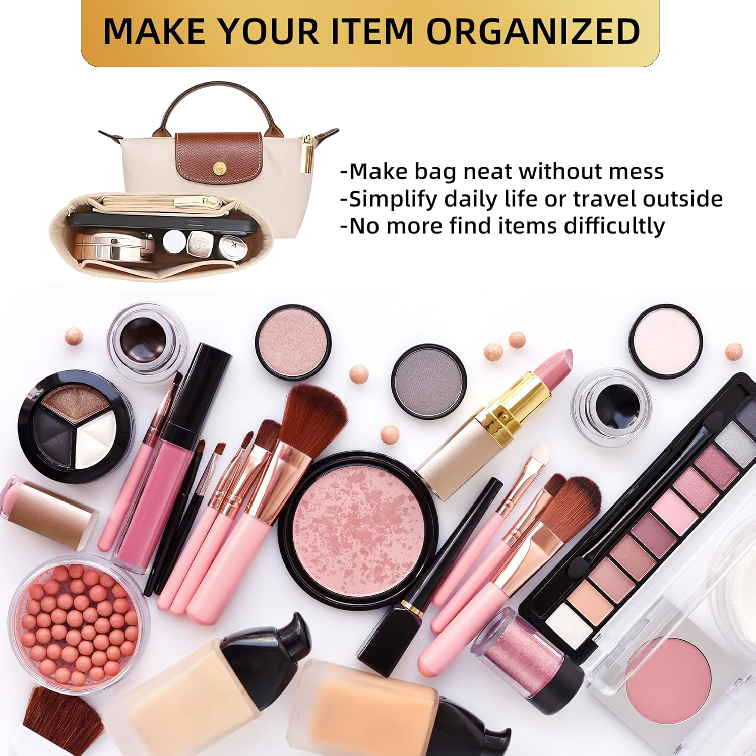 Bag Organiser Insert for Longchamp Mini Bag &ndash; Felt Purse Organiser with Multi-Pockets for Small Tote/Handbag &ndash; Keep Neat Tidy (Beige, 16X8X5Cm) (Beige) image number 3