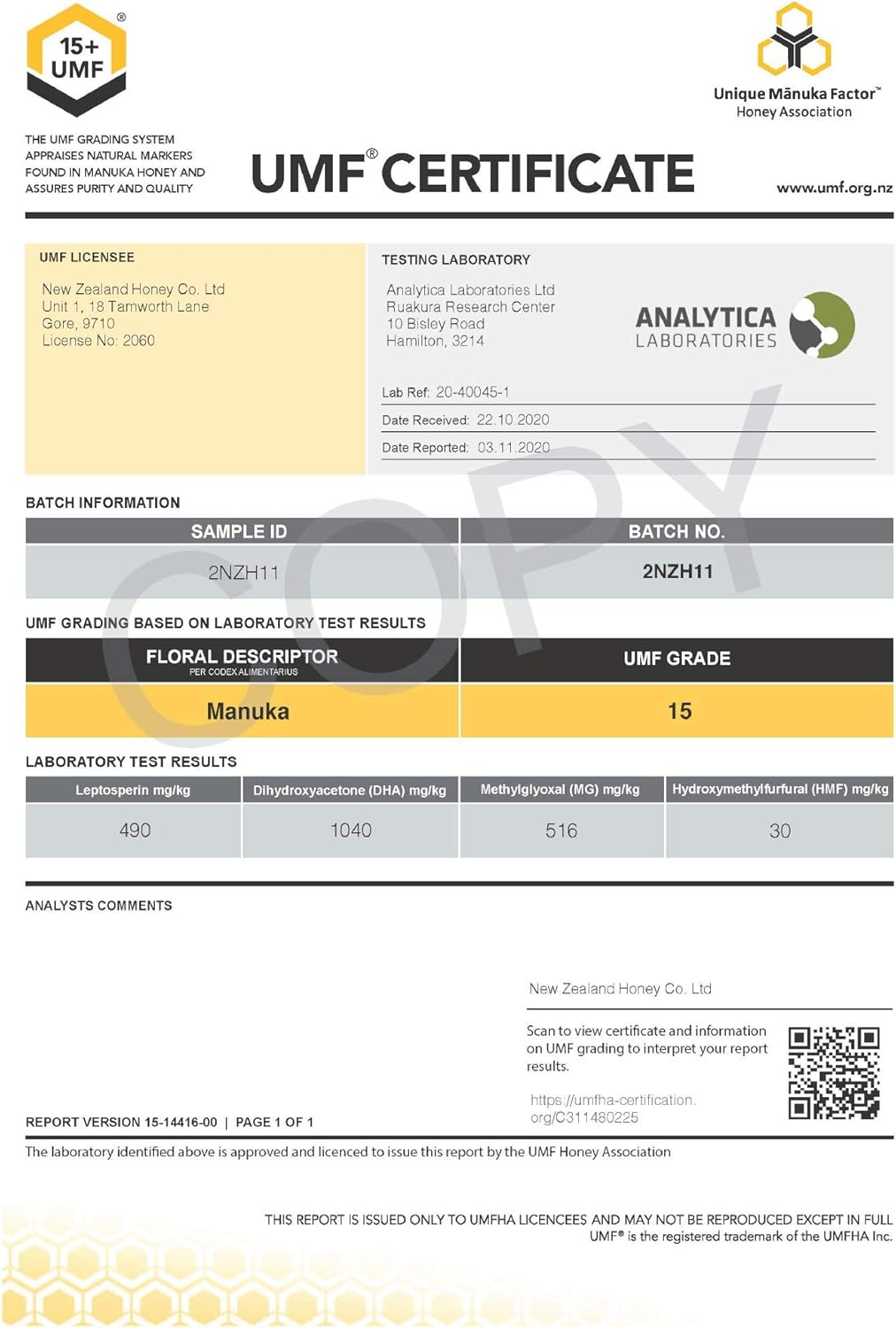 New Zealand Honey Co. Raw Manuka Honey UMF 15+ | MGO 514+ (500G)
