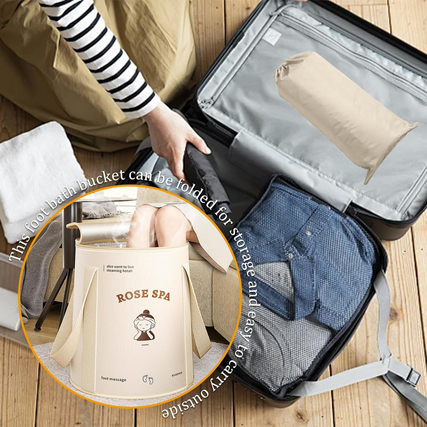 Sgphrzlt Collapsible Foot Basin Tub for Soaking Feet with Lid & Handle, Portable Travel Foot Soak Bucket, Foldable Foot Bath Spa Bag, Long Lasting Insulation, Beige image number 1