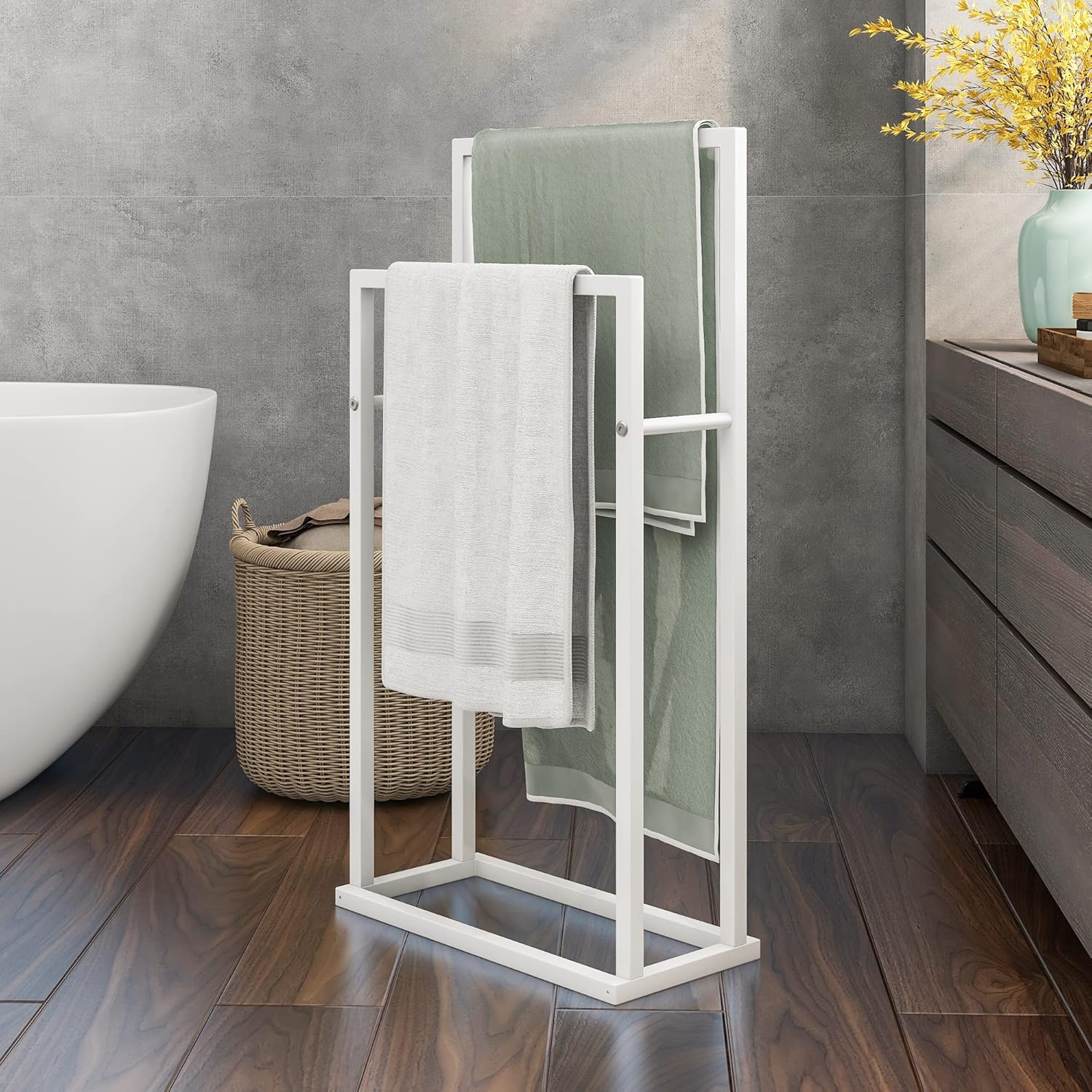 FOUBAM Towel Racks for Bathroom, 2 Tiers Free Standing Floor Bath Towel Racks for Pool, Outdoor Towel Rack Holder Heavy Duty Metal Storage Blanket Ladder (White) image number 3