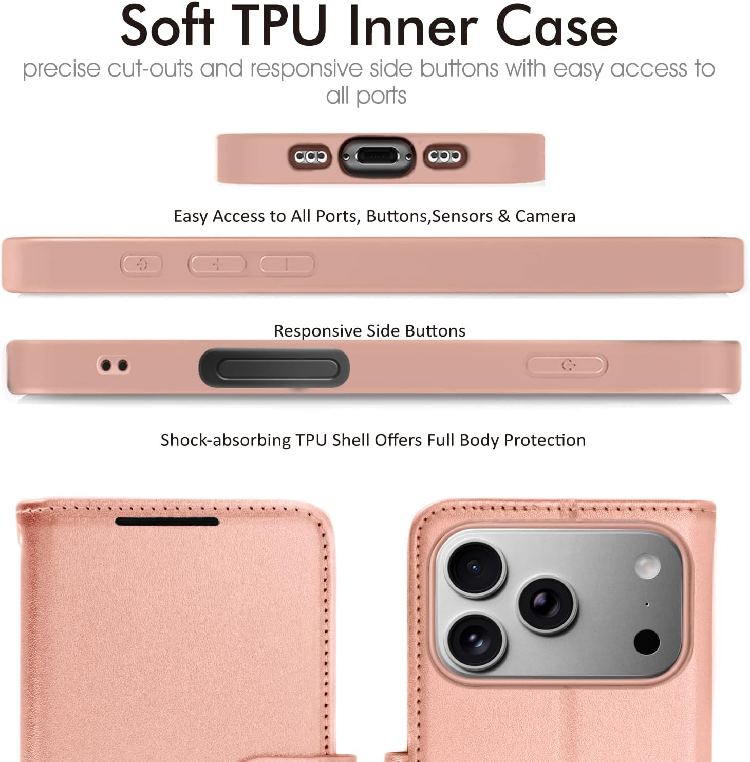 TECHGEAR Iphone 17 Pro Max Leather Wallet Case with RFID Blocking, Flip Cover with Card Holder, Kickstand, Wrist Strap, Magnetic Closure - Rose Gold PU Leather for Iphone 17 Pro Max 6.9" - Green image number 5