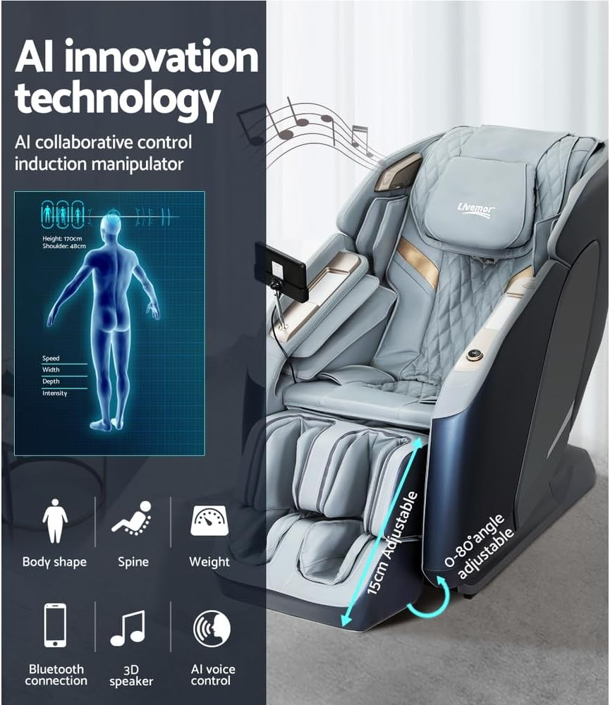 Livemor 4D Massage Chair Electric Massager Head Back, Heating Chairs, Soft PU Zero Gravity Massages Kneading Relaxation Rolling Full Body Foot Massagers Reclining Machine with LED Touch Panel Grey image number 1