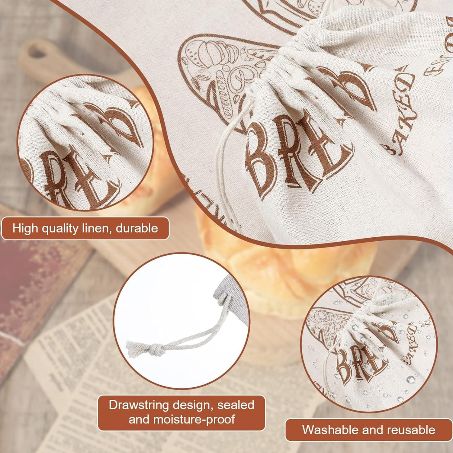 Yharnamite 3 Pcs Linen Bread Bags, 30 X 40Cm Large Capacity Bread Storage Bags with Drawstring, Reusable Food Storage Bread Keeper for Homemade Bread, Baguette, Fruit, Vegetables image number 5