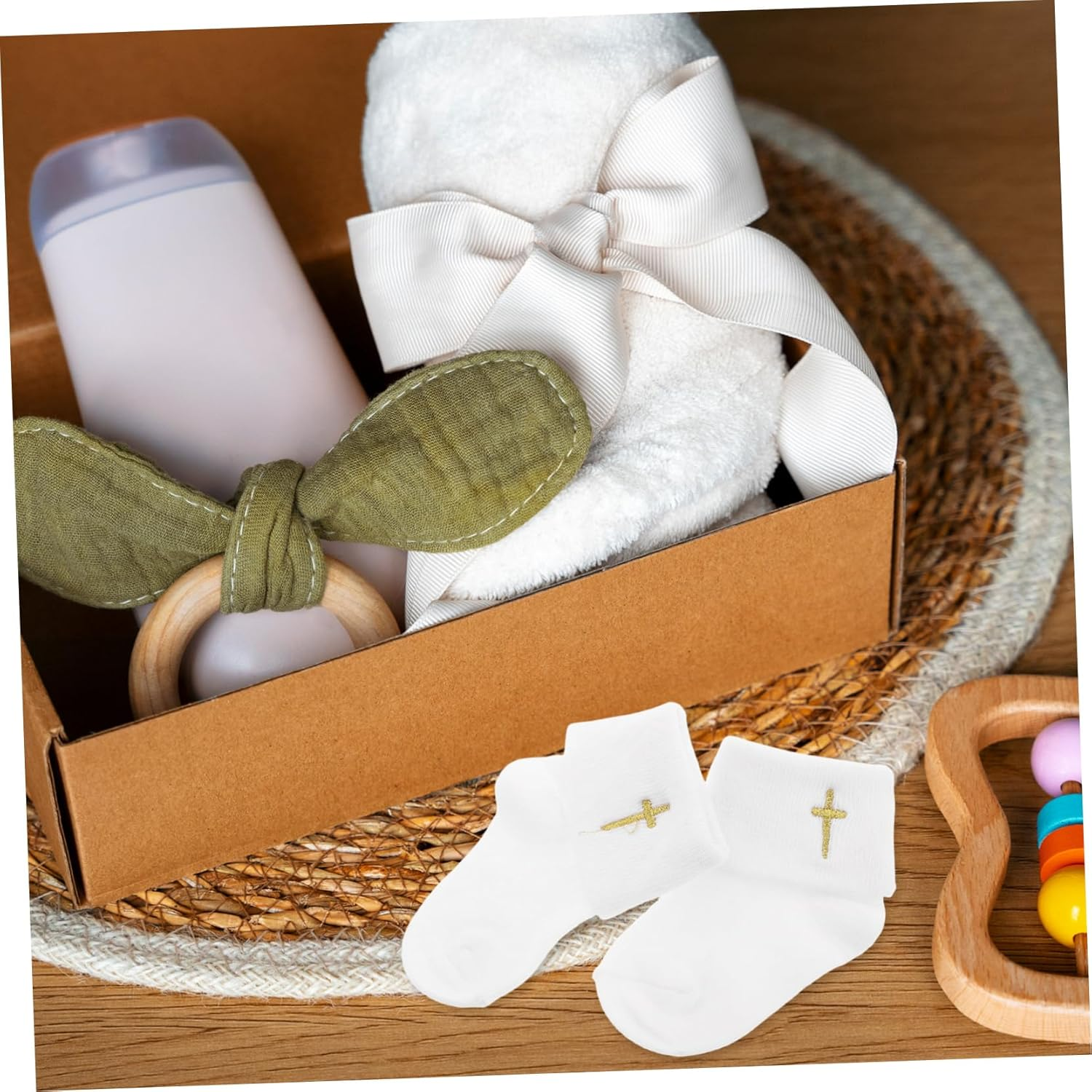 CONGARTENO 1Pair Baptism Socks Cotton Boy Girl Christening Booties for Year Old Soft Breathable Stylish Turn Design for Newborns for First Communion and Special Occasions image number 2