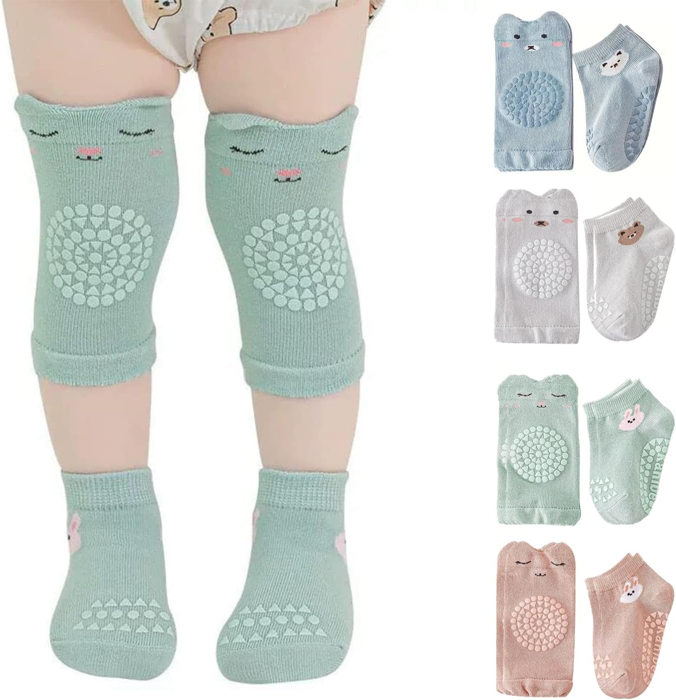 4 Pairs Baby Crawling Knee Pads and Socks Set, Toddler Baby Knee Protectors and Socks for Crawling, Infant Boys Girls with Grips image number 5