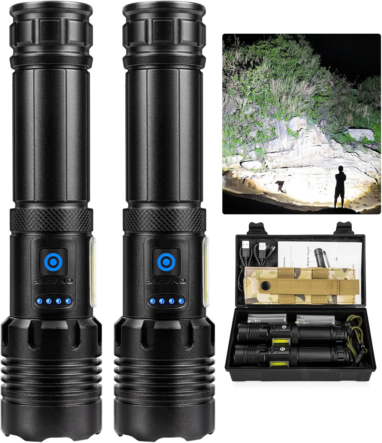 Flashlights High Lumens Rechargeable Flash Light, 2 PACK 900000 Lumens Super Bright Led Flashlight, 7 Modes Brightest Powerful Flashlight, IPX6 Waterproof Handheld Flashlights for Camping Home