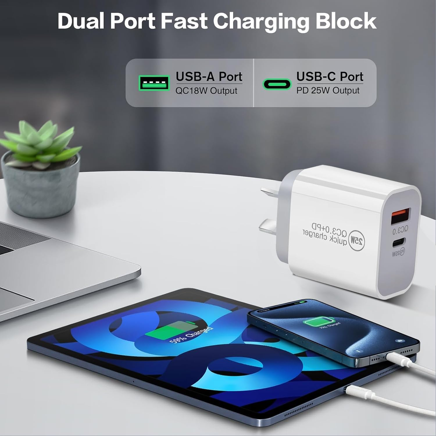 USB C Fast Charger, 25W Type C Charger Dual Port USB C Wall Plug Android Phone Block for Iphone 16 15/15 Pro/15 Pro Max, Ipad/Samsung/Google/Galaxy/More with 1.2M Cable