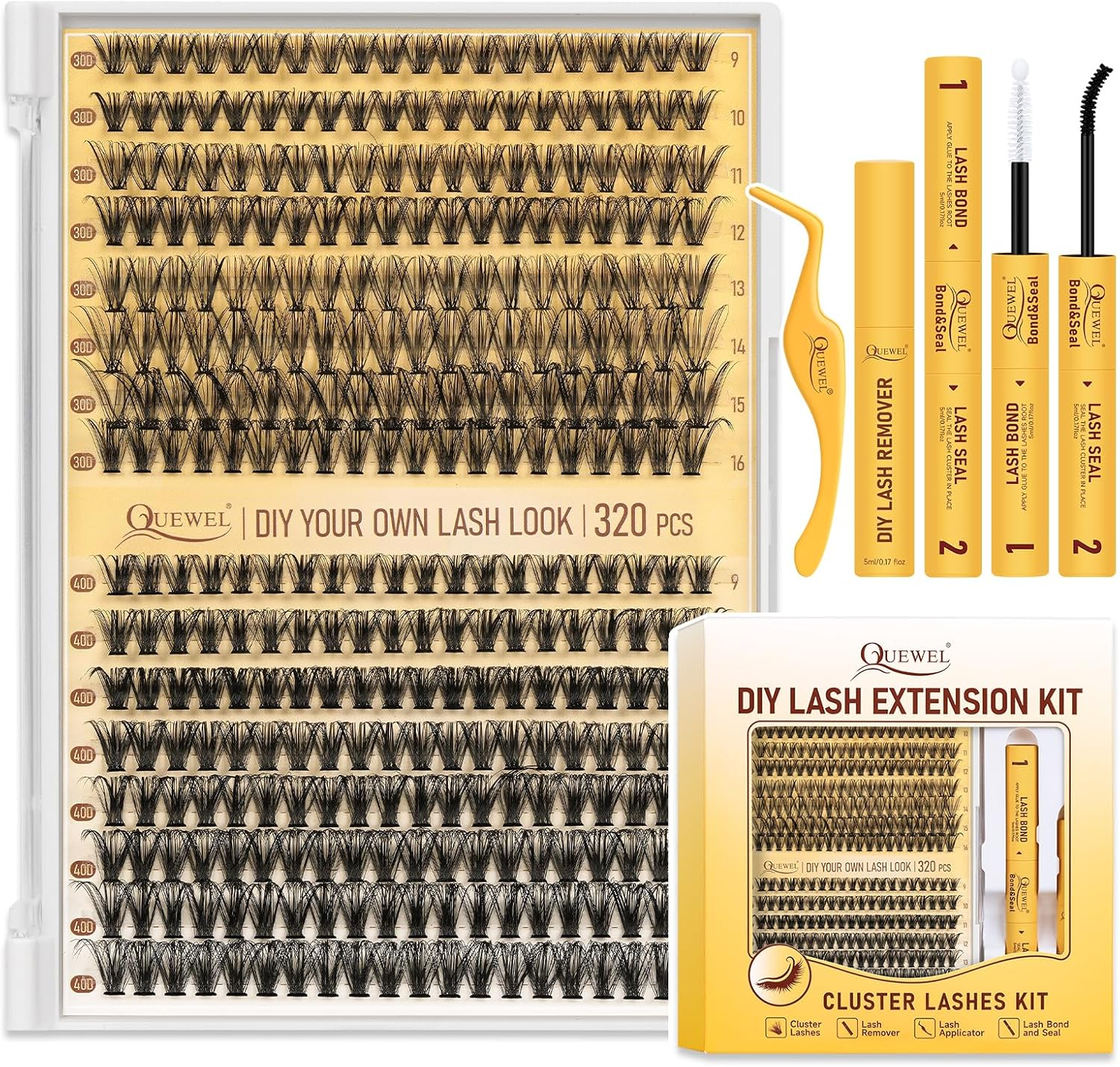 QUEWEL Lash Clusters 320Pcs 40D D Curl Mix9-16Mm Individual Eyelashes Clusters Wispy DIY Eyelash Extension Thin Band Soft Black Cruelty-Free Cluster Lashes