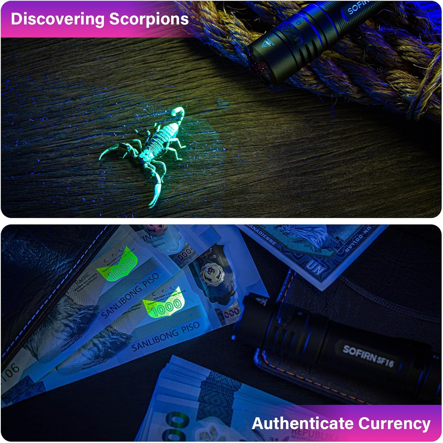 365Nm UV Torch Black Light, Sofirn SF16 Rechargeable Powerful LED Blacklight Flashlight for Detecting Pet Dog Urine, Unveil Invisible Stains, High Definition Pure Ultraviolet image number 2