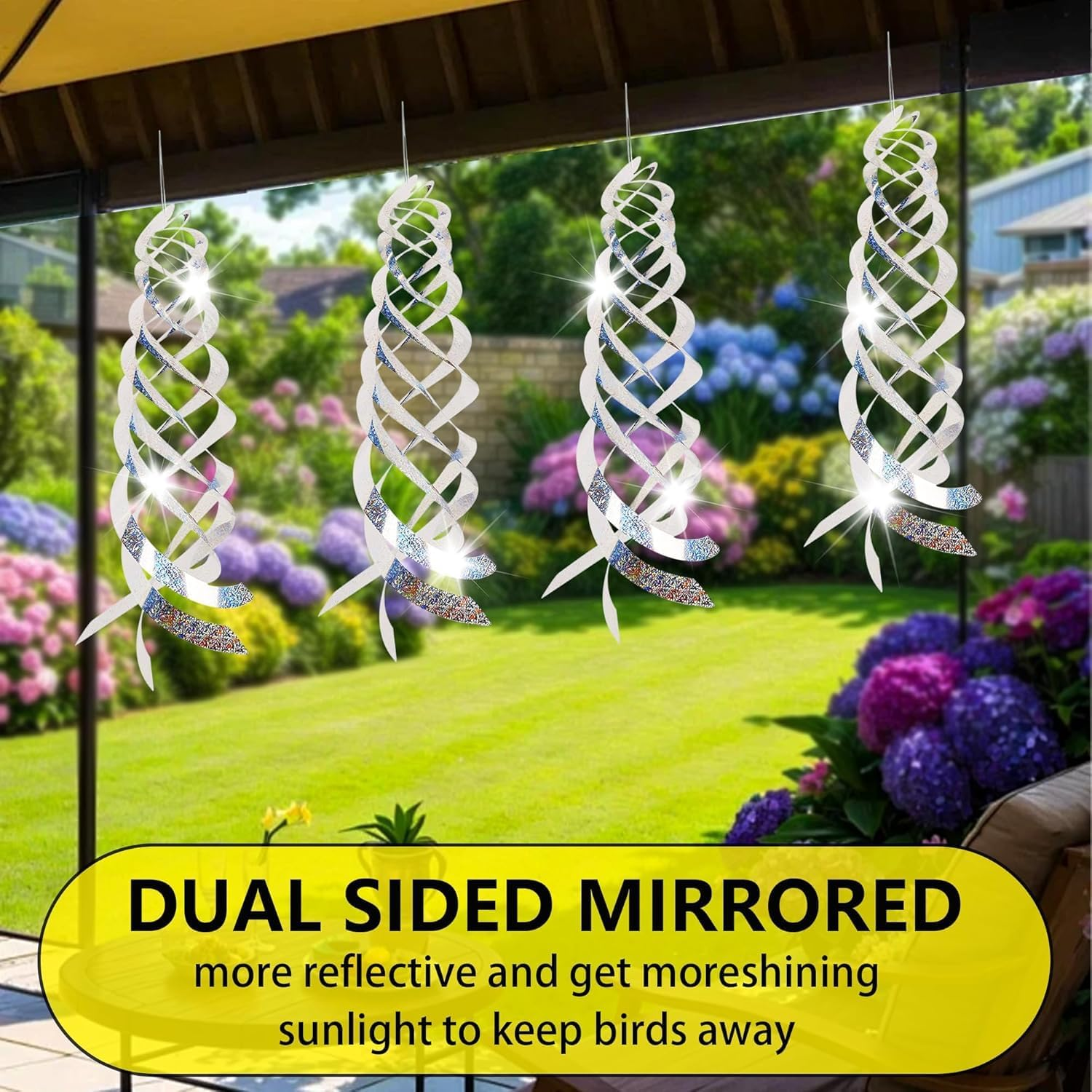 8Pcs Spiral Reflective Bird Repellent Discs &ndash; 17.8" Wind-Activated Deterrent, Silver Hanging Ornaments for Garden, Yard, Balcony & Window Bird Control image number 5