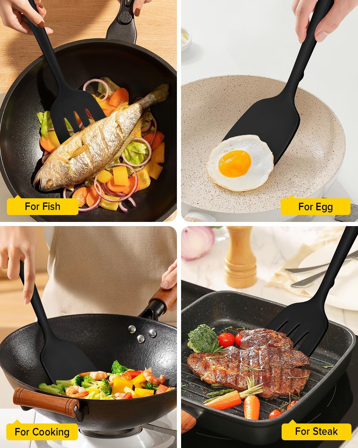 Pack of 2 Silicone Spatula Turners, Non Stick Slotted Kitchen Spatula Set, Heat Resistant BPA Free Kitchen Utensils, One-Piece Design, Suitable for Flipping Fish, Eggs, Steak, Pancakes(Black) image number 1