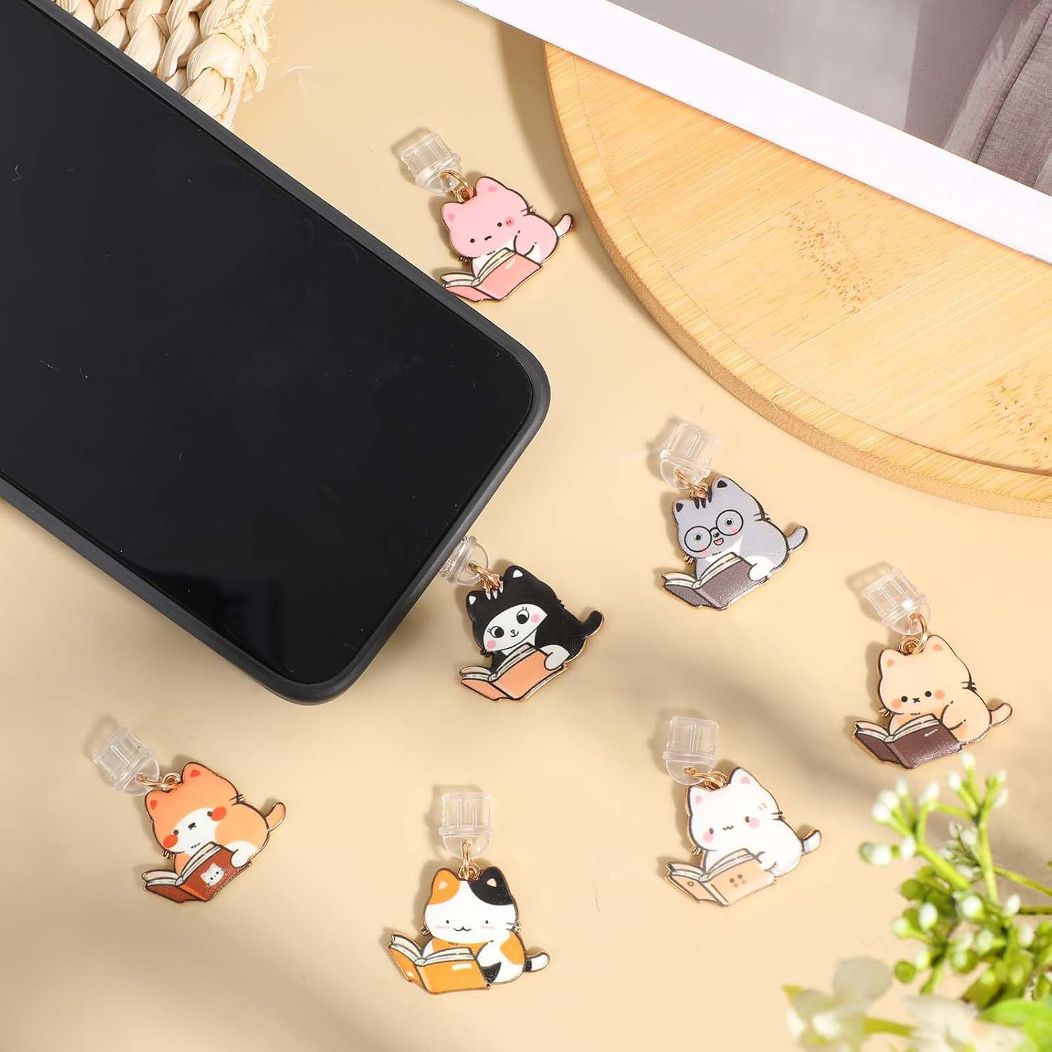 Penitue 7Pcs Cat Dust Plug Charm for Kindle, Cute USB C Charging Port Phone Charm Cartoon Dust Cap Protector Pendants for E-Reader Book Women Teachers Students Accessories image number 2