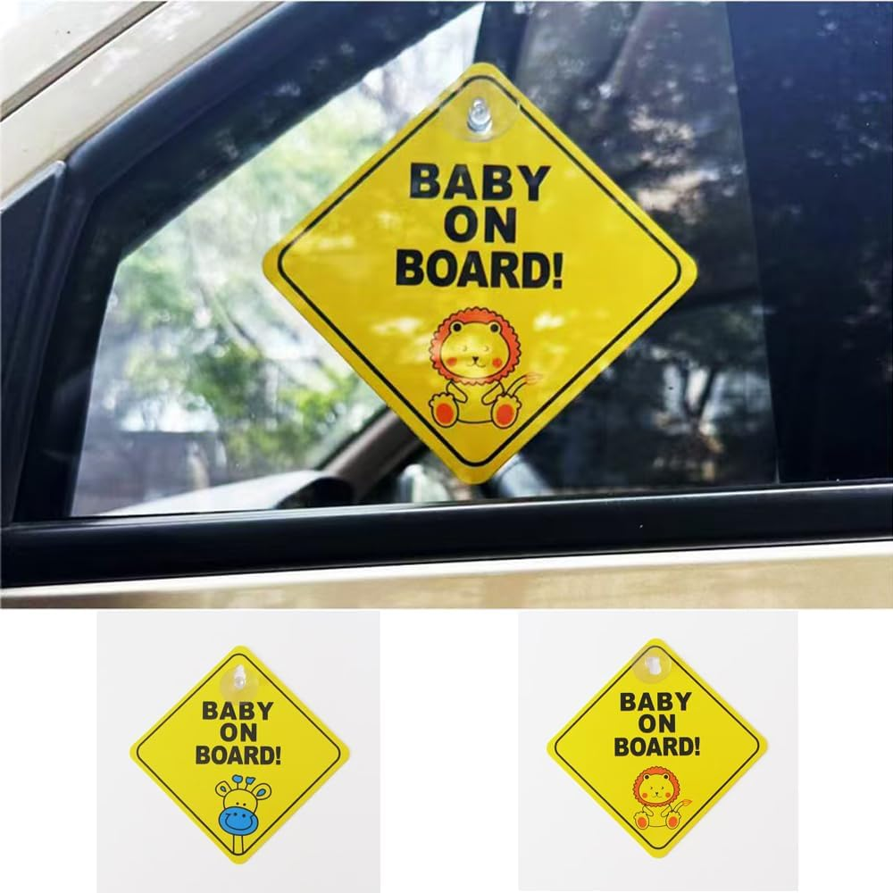 2Pcs Baby on Board Car Stickers，5"X5" Safety Signs Baby Safety Warning Decal，Baby on Board Warning Signs with Suction Cups，Bright Yellow for Reusable Baby Car Sticker image number 4