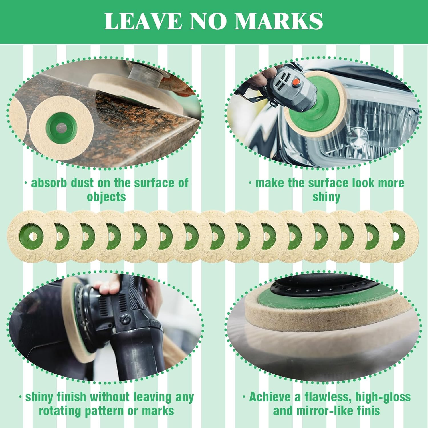 15Pcs 4 Inches Wool Felt Disc Wheel Pad for 5/8" Arbor Angle Grinder, Buffing Polishing Wheel for Metal Aluminum,Stainless Steel, Chrome, Jewelry, Wood, Plastic, Ceramic, Glass image number 3