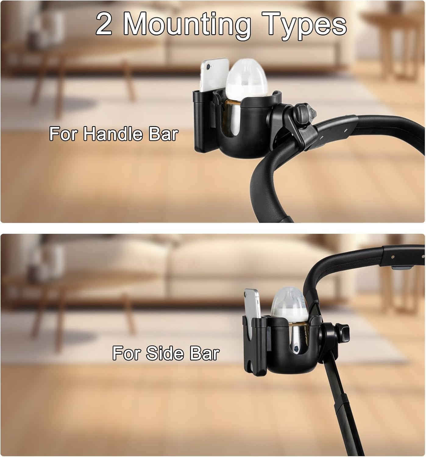 2-In-1 Stroller Cup Holder with Phone Holder, 360&deg; Rotable Organizer for Pram, Bike, E-Bike, Scooter, Wheelchair, Walker, Compatible for Different Bodys of a Cup, like Baby Bottle, Drinks image number 3