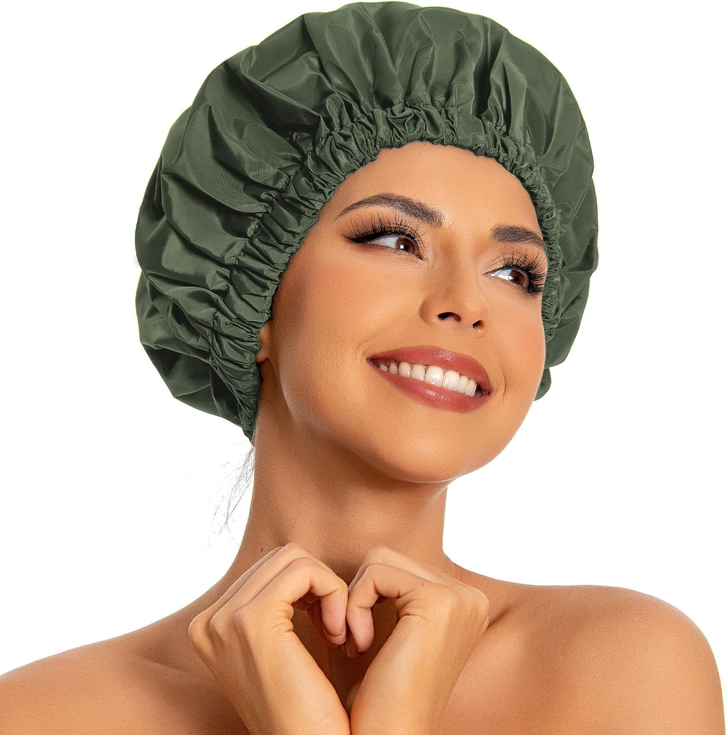 Reusable Shower Cap for Women, Large Waterproof Shower Bonnet Washable Elastic Band Bath Hair Hat for Long Hair, Braids(Green)