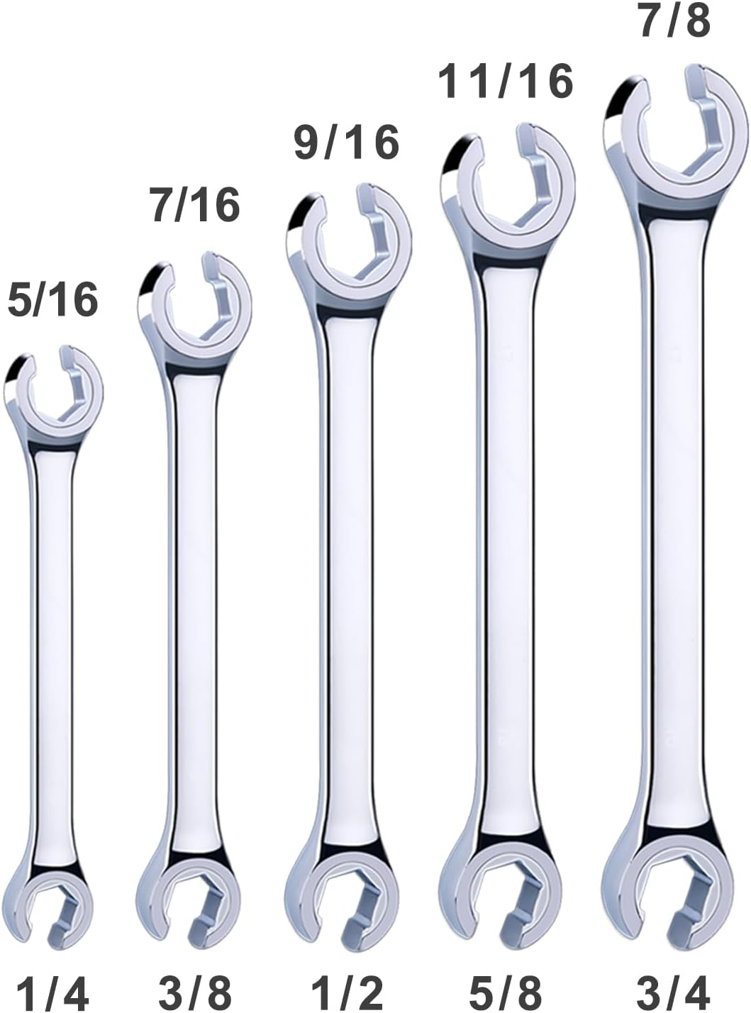 EFFICERE 5-Piece Double-End SAE Flare Nut Wrench Set in Rack, Size 1/4, 5/16, 3/8, 7/16, 1/2, 9/16, 5/8, 11/16, 3/4, 7/8&rdquo; | Cr-V Steel, 6-Point Head, Best Line Wrench for Fuel, Brake, Air Conditioning image number 2