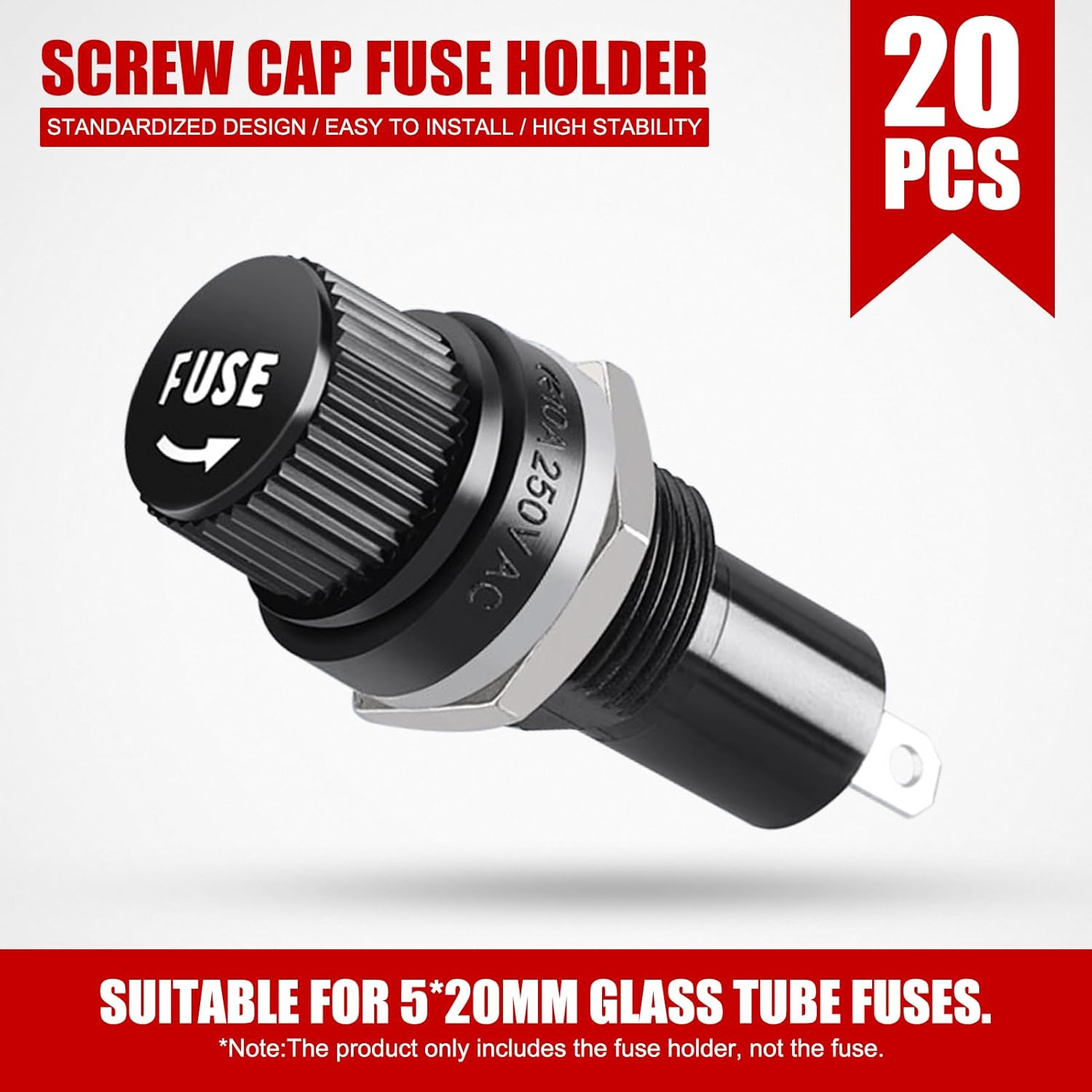 EVTSCAN 20Pcs Panel-Mount Fuse Holder, for 5X20 Mm Glass Tube Fuse, 15A 125V AC / 10A 250V AC, with Screw Cap and Solder Lugs, Tin-Plated Brass Contact image number 3