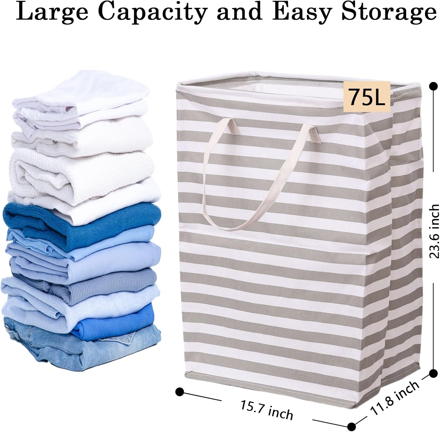 2-Pack Large Laundry Basket, Waterproof, Collapsible Tall Clothes Hamper with Extended Handles for Clothes Toys in the Dorm and Family-(75L, Stripe) - 1-Pack Stripe image number 3