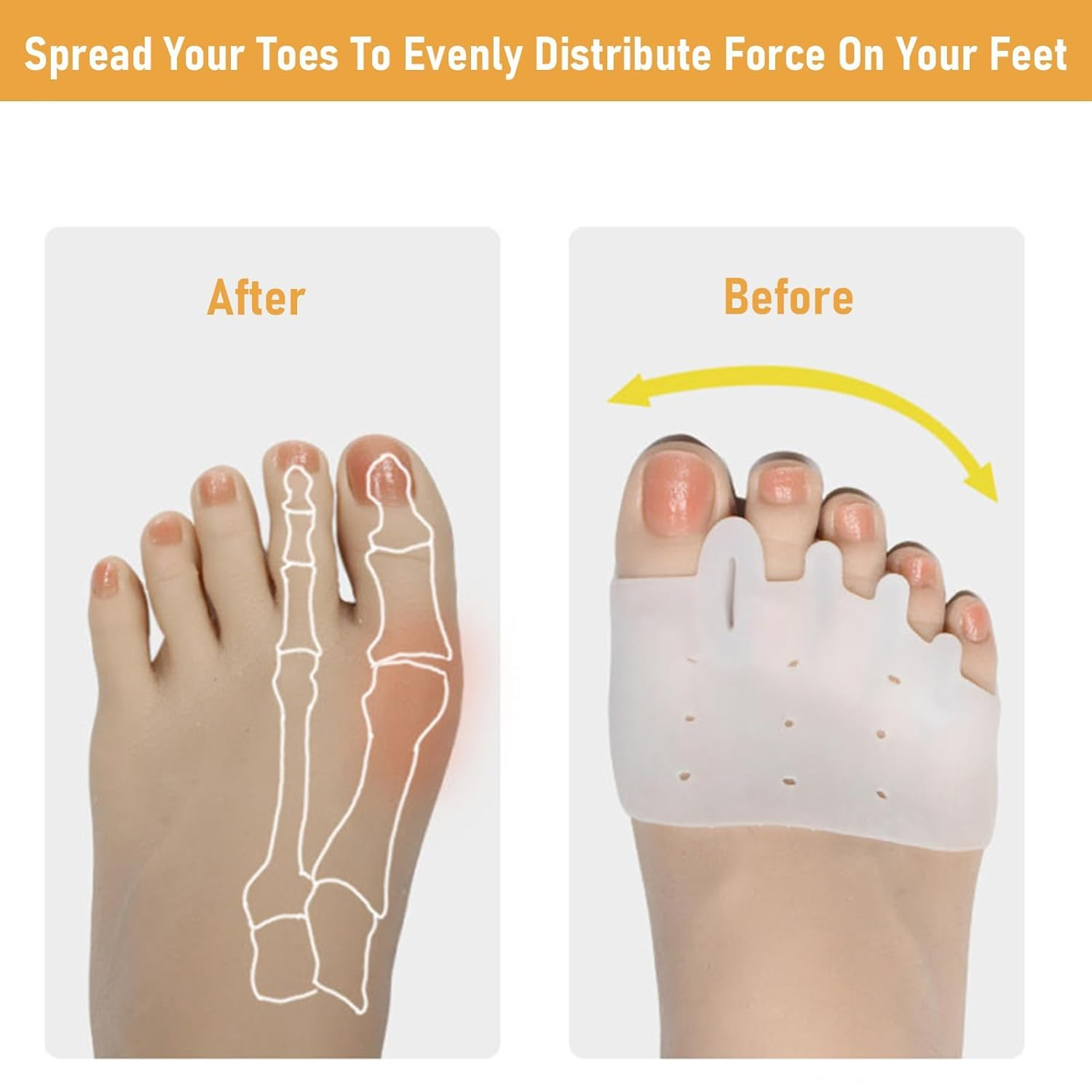 Silicone Toe Separators with 2 Pairs Toe Socks for Women, Toe Straightener, Yoga Toes Toe Separators for Overlapping Toes to Foot Pressure Relief (2Pairs Toe Separators + 2Pairs Toe Socks) image number 6