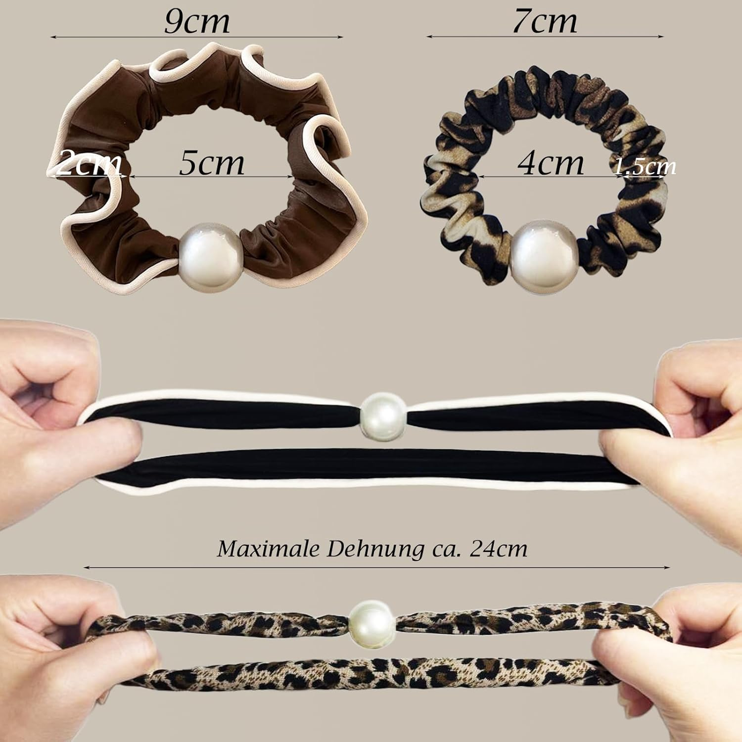 PUSCOBSY Leo Hair Scrunchies for Women, Beads Elastic Fabric Scrunchie Hair Bobbles, Small Hair Friendly Scrunchies for Thin and Thick Hair, Pack of 4 Black Brown Leopard Print