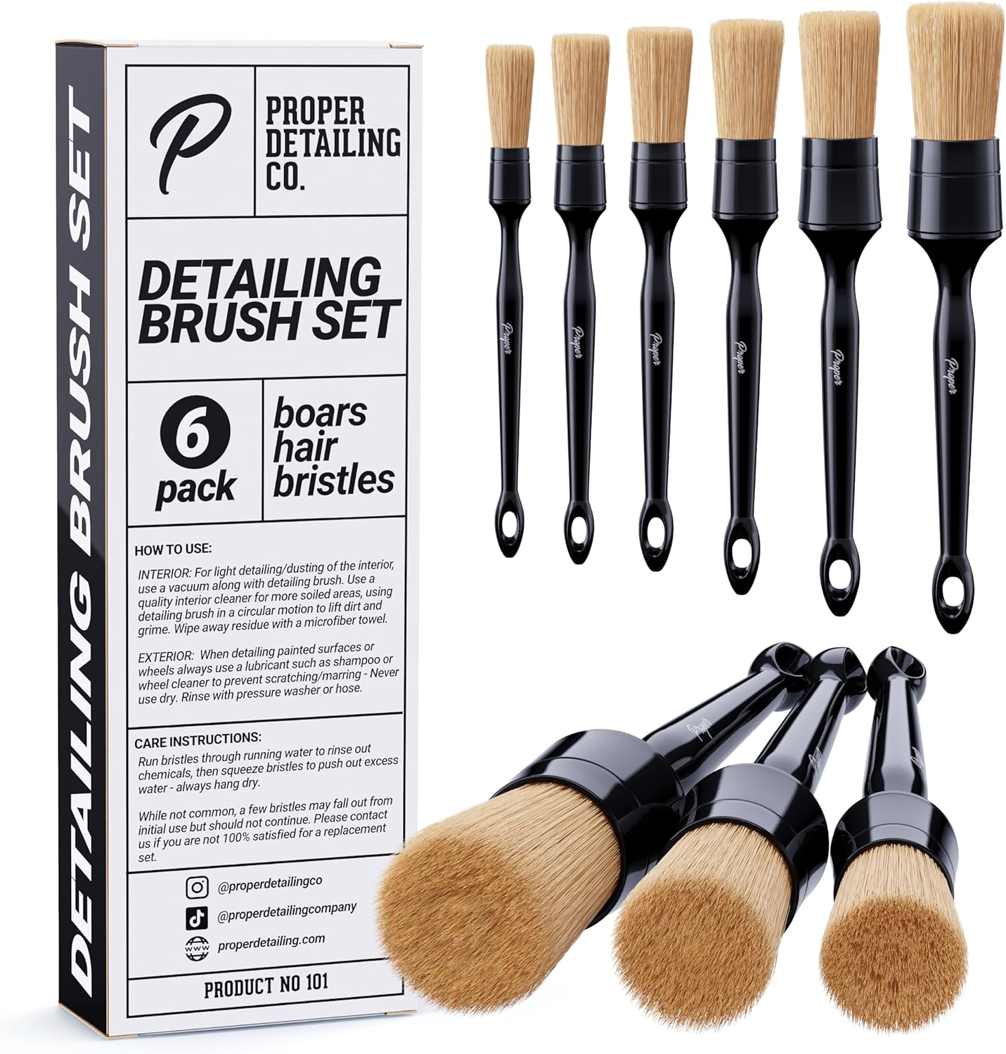 Proper Detailing CO. Car Detailing Brush Set, 3 Pack Natural Boars Hair Detailing Brushes, Clean Interior or Exterior, Wheels, Tires, Engine Bay, Leather Seats, Car Detailing Kit, Detailing Brush