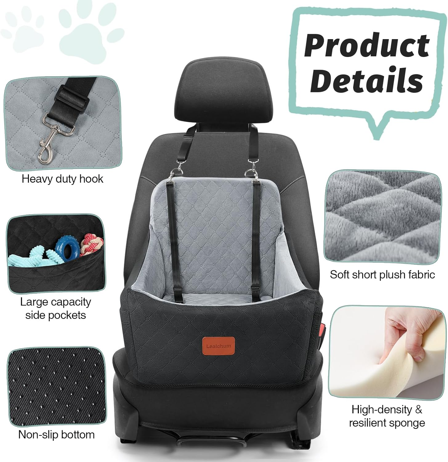Dog Car Seat for Dogs up to 35Lbs,Car Dog Bed Easy to Install,Medium Dog Car Seat with Adjustable Straps and anti Slip Bottom,Fully Detachable and Washable(Black/Grey,Medium) image number 4