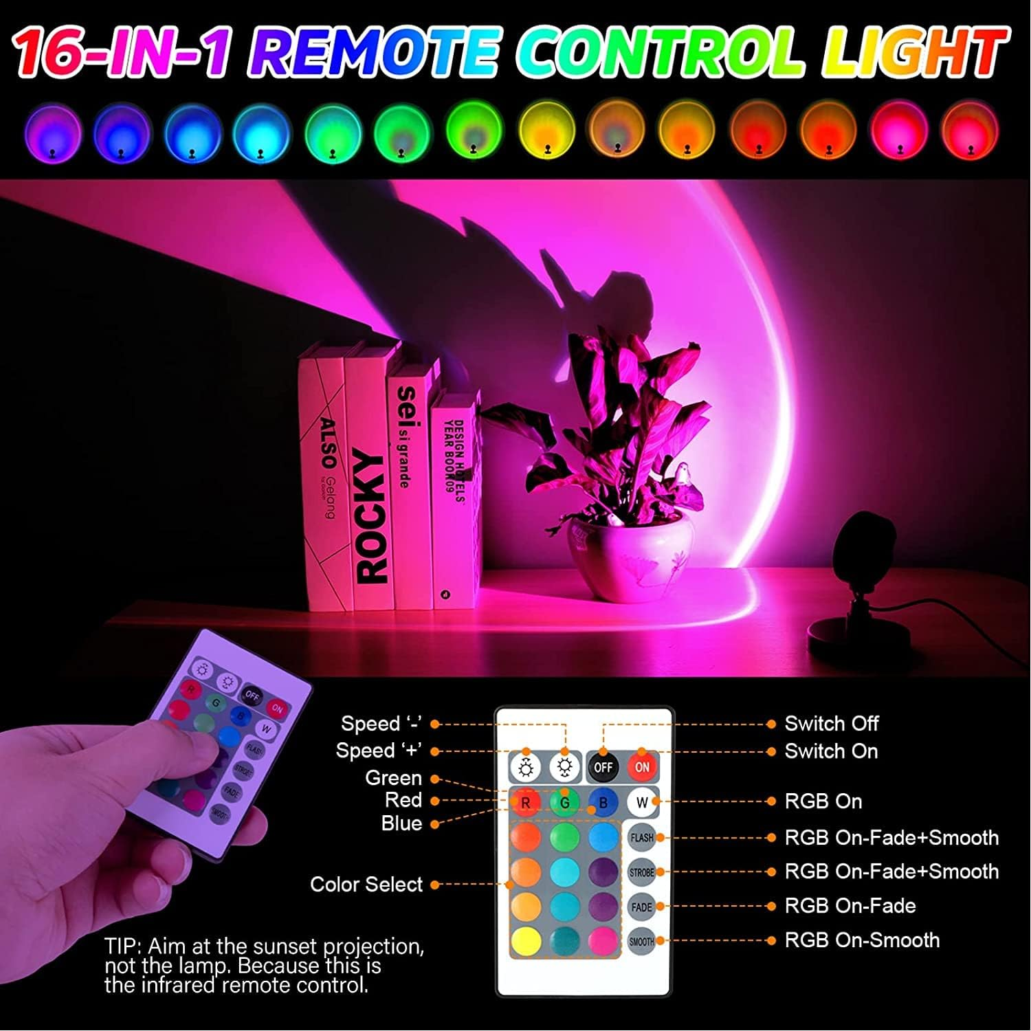 Balkwan Sunset Lamp Projection Rotation Rainbow Projection Lamp Led Romantic Visual Led Light Network Red Light with USB Modern Floor Stand Night Light Living Room Bedroom D&eacute;cor (16 Color Sunset Lamp) image number 2