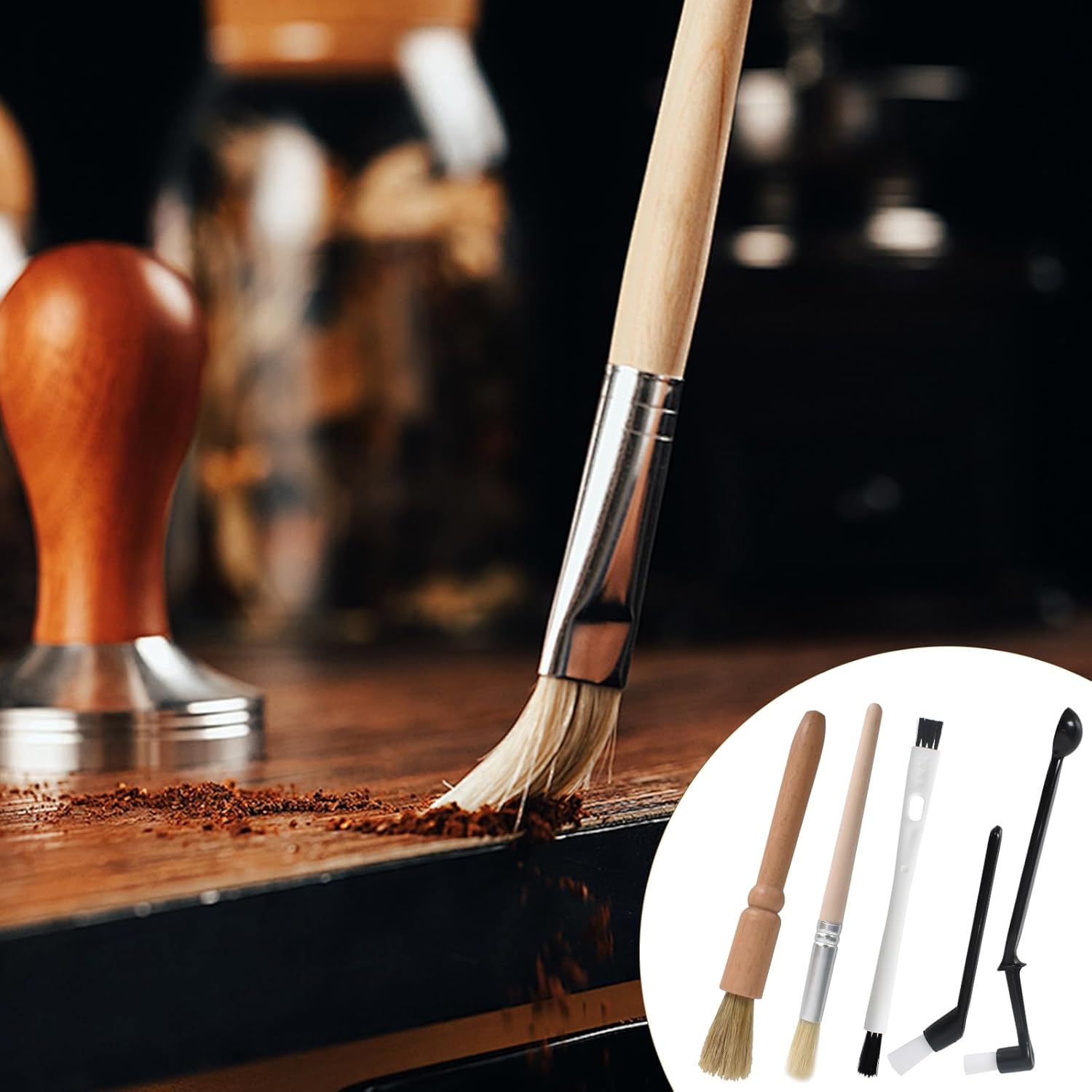 Coffee Machine Cleaning Set,5Pcs Coffee Grinder Brush with Spoon,Espresso Machine Cleaning Tool in Solid Wood,Ground Coff Cleaning Brush,For Bar,Bottle Teapot Nozzle & Air Blower image number 4
