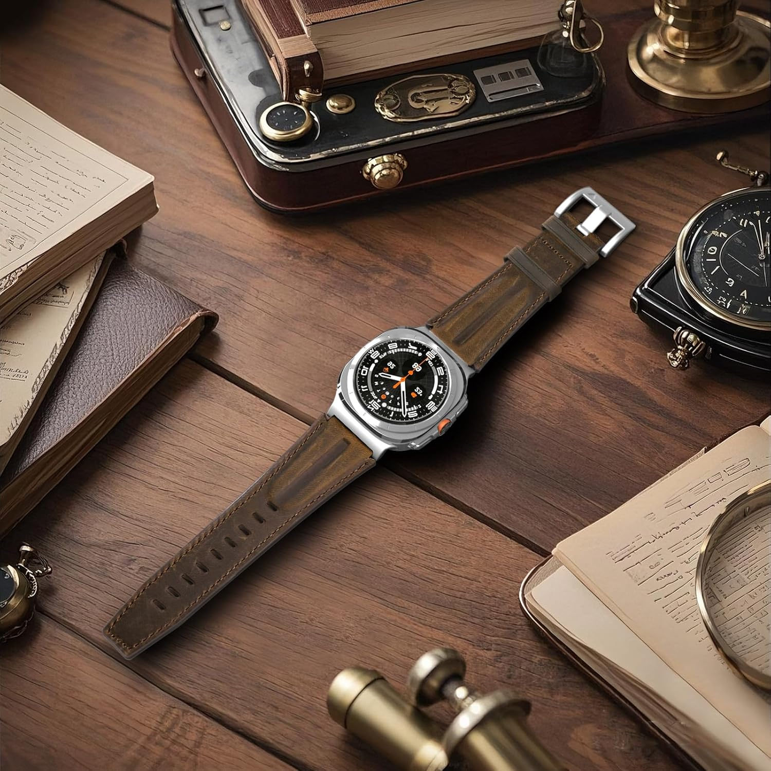 Bouixel Top Grain Genuine Leather Band Compatible with Samsung Galaxy Watch Ultra Bracelet 47Mm Men Women, Heavy Duty Wide Metal Connection Band for Galaxy Watch Ultra (2024) image number 4