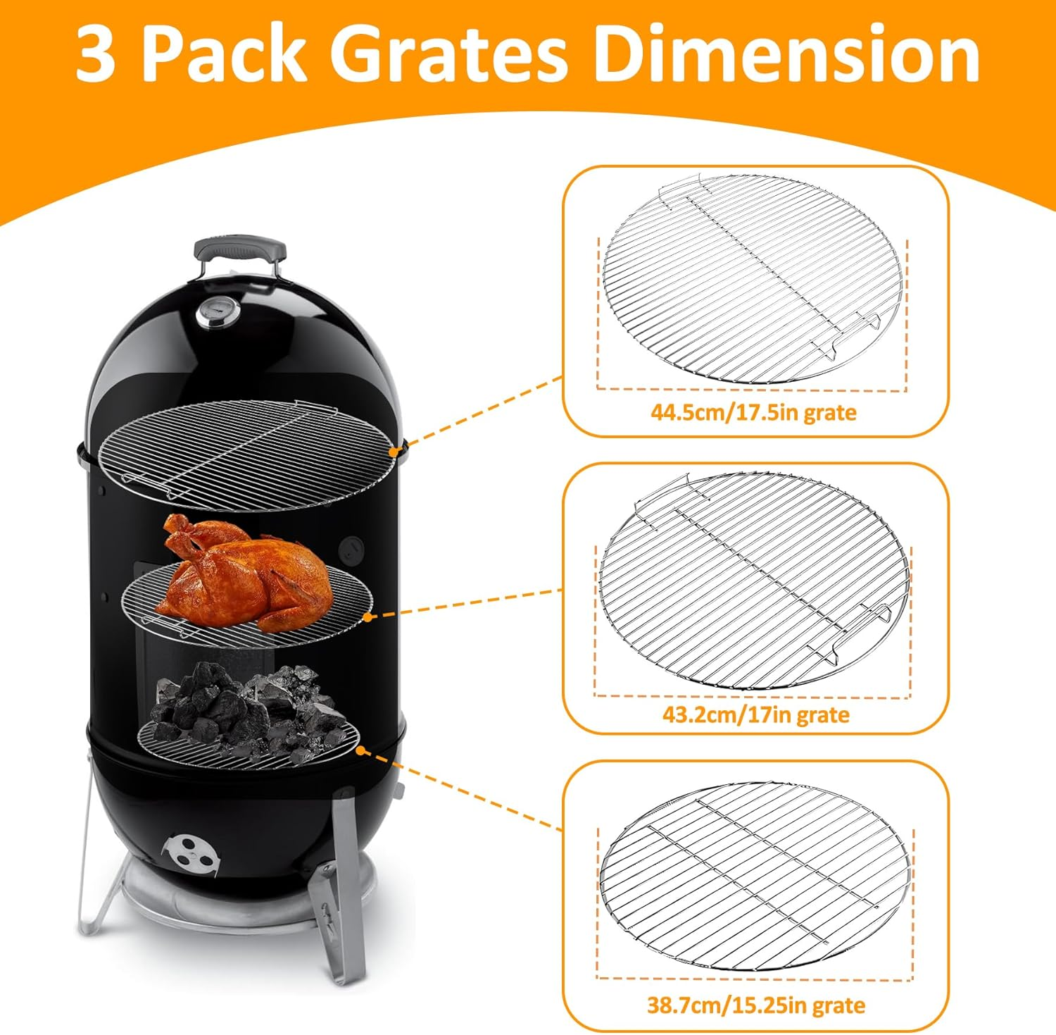 Cooking Grate for Weber 18'' Charcoal Grills, Charcoal Grill Grate Fits for Weber 18" Inch Smokey Mountain Cooker Charcoal Smoker Grills, Replacement for Weber 7432 85042 83013 Parts, 3 Pack image number 4