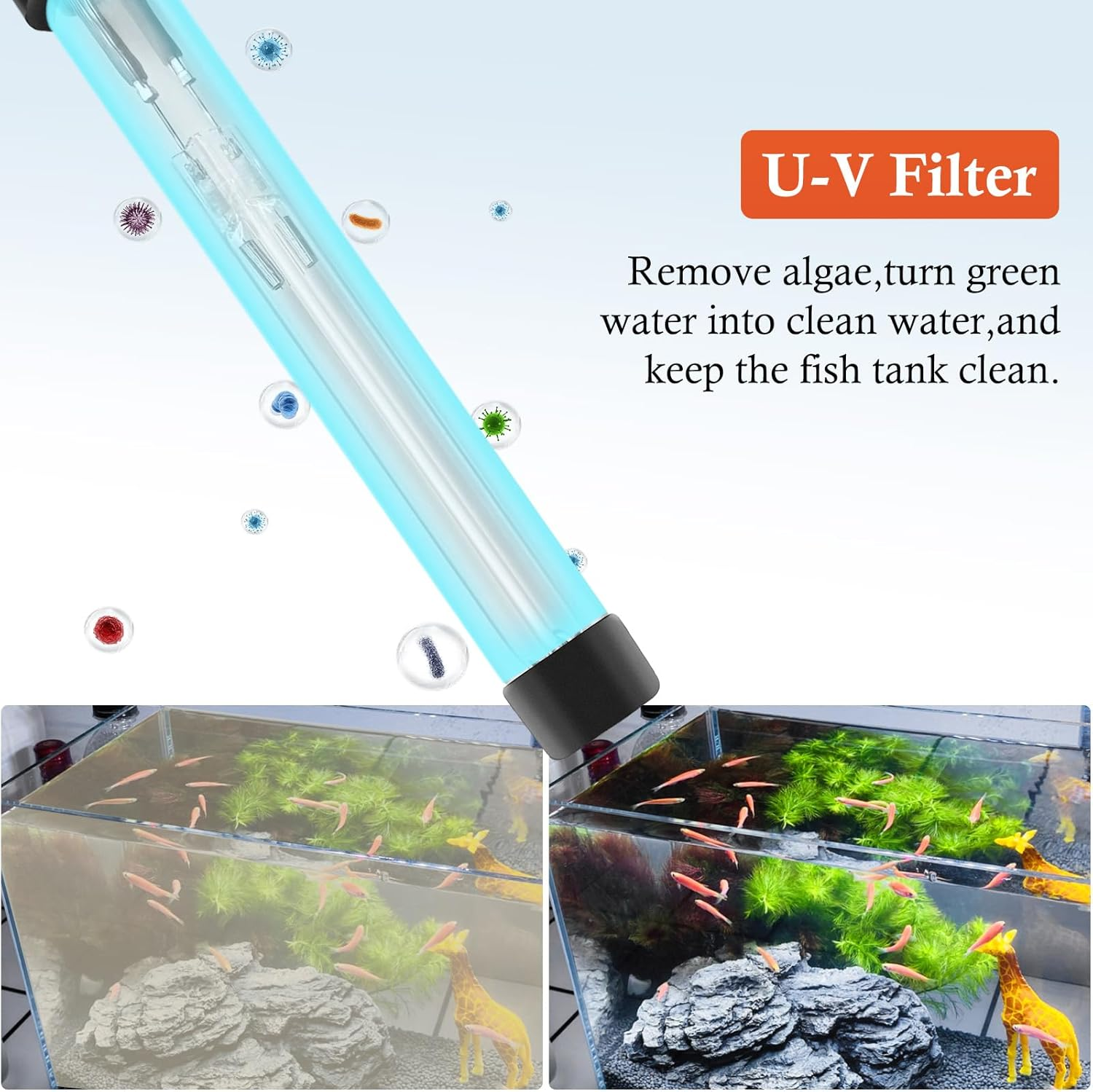 600L/H Aquarium Filter U-V with Timer, 8W Adjustable Fish Tank Filter Pump, Submersible Internal Filter for 30-180L Tank, with Biochemical Cotton, Activated Carbon Cotton image number 4
