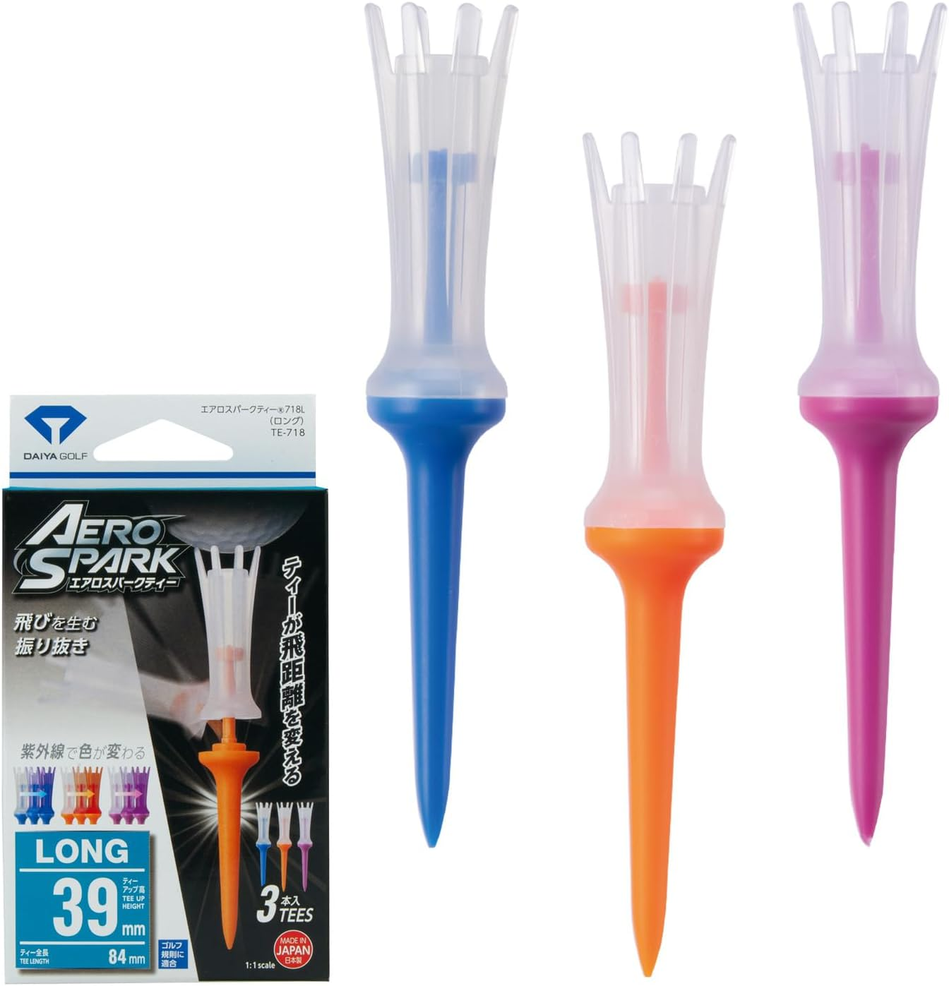 DAIYA Golf Golf Tee, Aerospark Tee, Made in Japan, Extra Long, Long, Semi-Long, Regular, 360&deg; Oscillating Function, Break-Resistant, Golf Regulations, Beginners, Pack of 3
