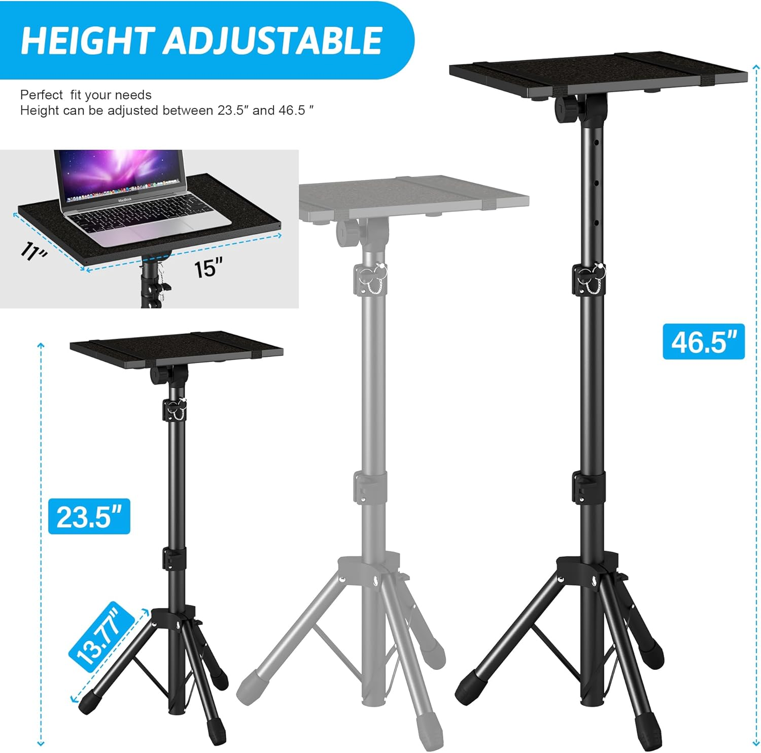 TANENUOS Projector Stand Tripod from 23.5" to 46.5" Adjustable Height, Laptop Tripod Stand with Gooseneck Phone Holder, Laptop Floor Stand for Office, Home, Stage, Studio, DJ Racks Holder Mount image number 1