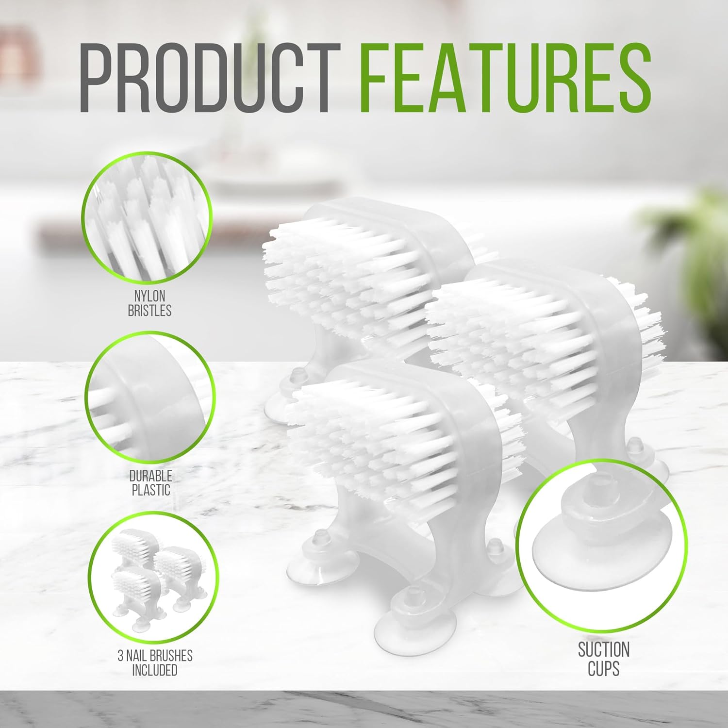 3 X Dual Brush Nail Brush - Hands Free Fingernails Cleaning - Scrub Both Hands at the Same Time - Unique Suction Cup Design - Saves Time, Cleans Nails Easily. Attach to Washbasin, Sink, Bath (3 Pack) image number 6