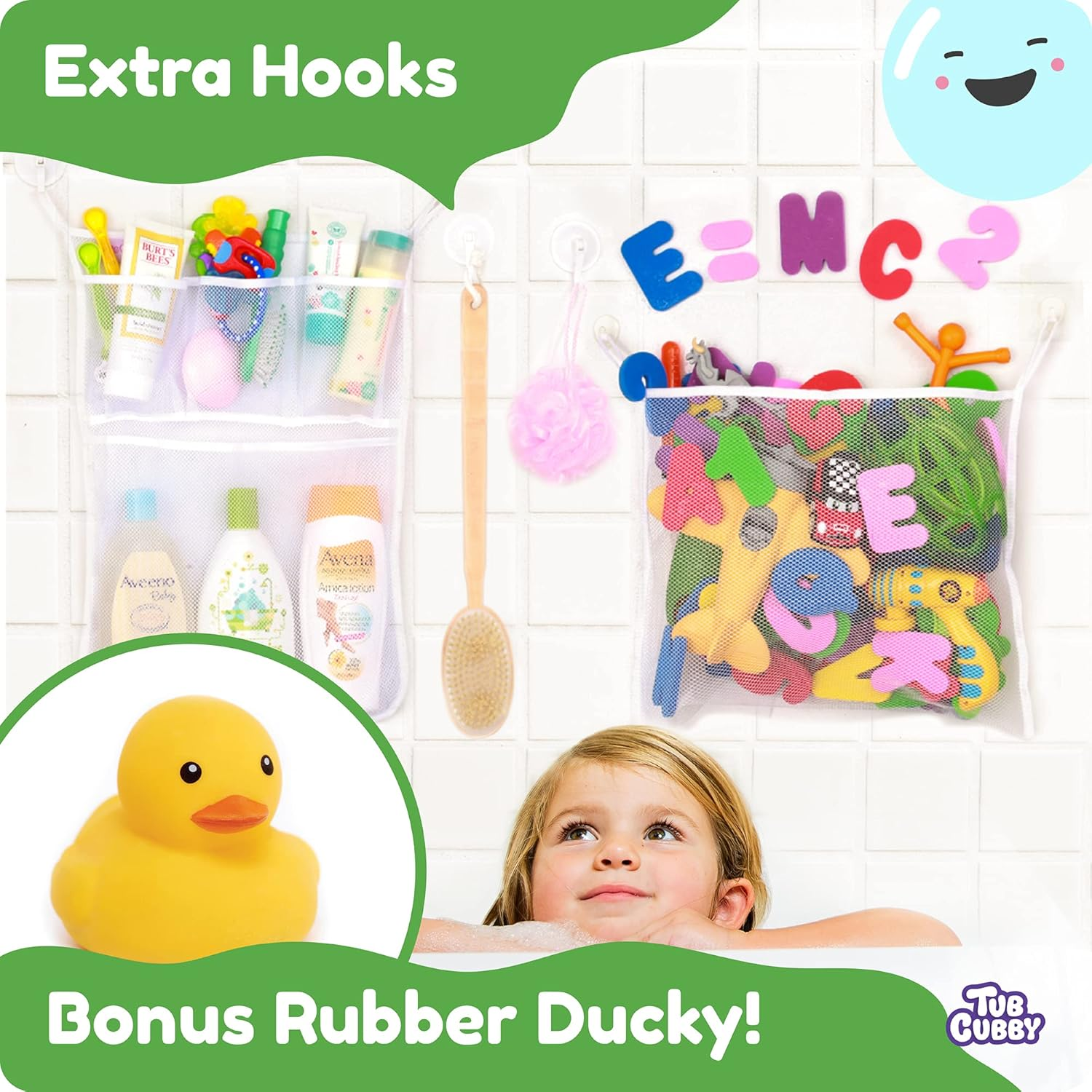 Original Tub Cubby Bath Toy Storage (2 -Pack) for Baby Bath Toys, Hanging Bath Toy Holder with Suction & Adhesive Hooks, 14X20" Mesh Net Shower Caddy for Bathtub Toys, 36 Soft Foam Letters & Numbers image number 3